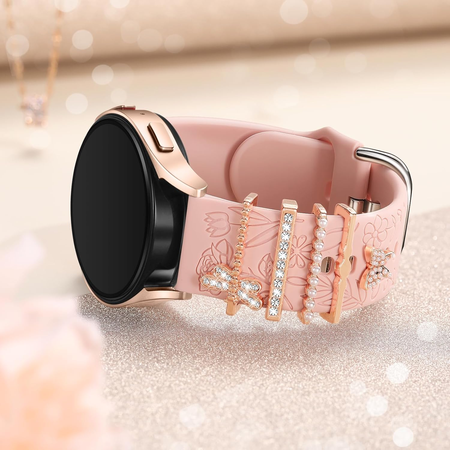 Getino Flower Engraved Band Compatible with Samsung Galaxy Watch 7 Band/Fe 6 5 4 40Mm 44Mm,Galaxy Active 2, 20Mm Watch Band Soft Silicone Replacement Strap with Decorative Charms Accessories Women