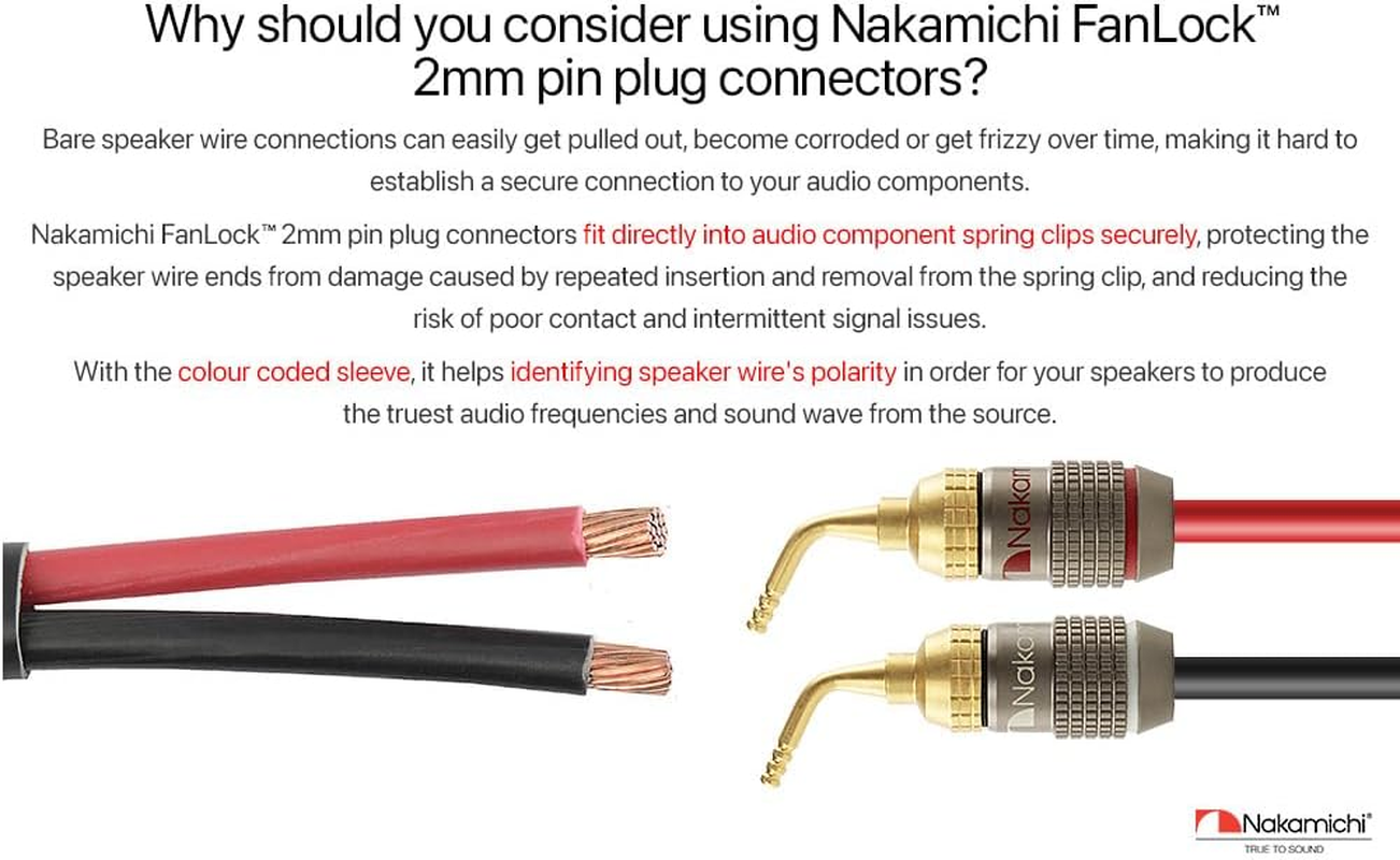 Nakamichi Fanlock Excel Series 24K Gold Plated 2Mm Pin Plugs Banana 10 AWG - 18 AWG Gauge Size 4Mm for Spring Clip Speakers Amplifier Hi-Fi Home Theatre Wire Cable Quick Connector, 8 Pcs (4-Pairs)