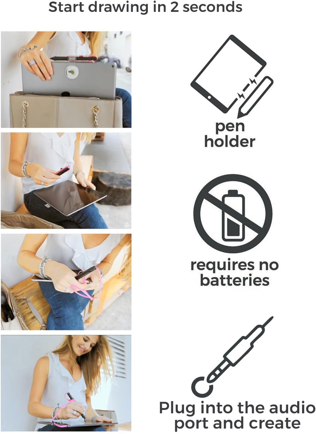 Sonarpen - Pressure Sensitive Smart Stylus Pen with Palm Rejection and Shortcut Button. Battery-Less. Compatible with Apple Ipad/Pro/Mini/Iphone/Android/Switch/Chromebook (Black) image number 5