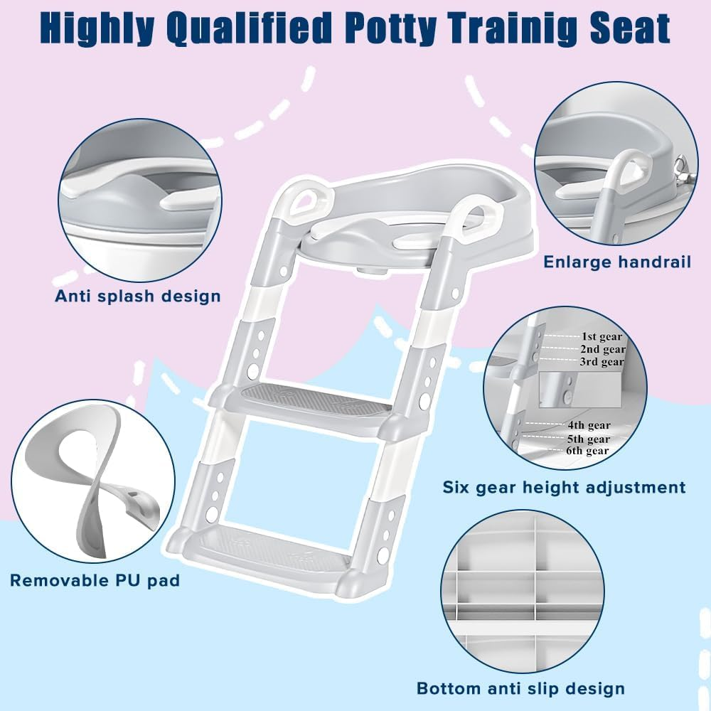Yakiter Potty Training Seats, Kids Toilet Training Seat with Step Stool, Adjustable Height Ladder Guard Handle Soft Cushion White, Step Stool 2 in 1 Foldable Chair for Baby Toddler Boys Girls (Grey)
