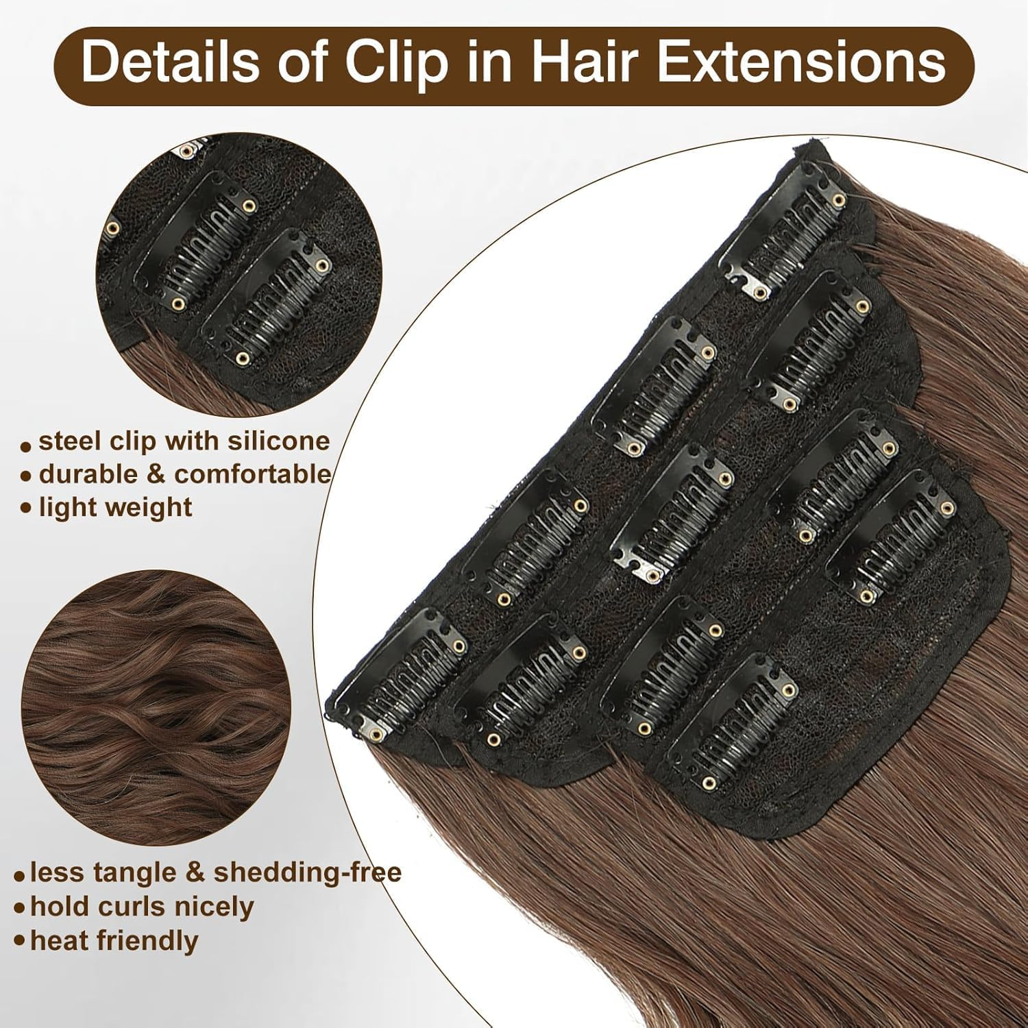 QAUARUMSUN Clip in Hair Extensions 24 Inch 4Pcs Long Wavy Synthetic Hair Extensions Double Weft Hairpieces for Women (Brown) - Blonde image number 5