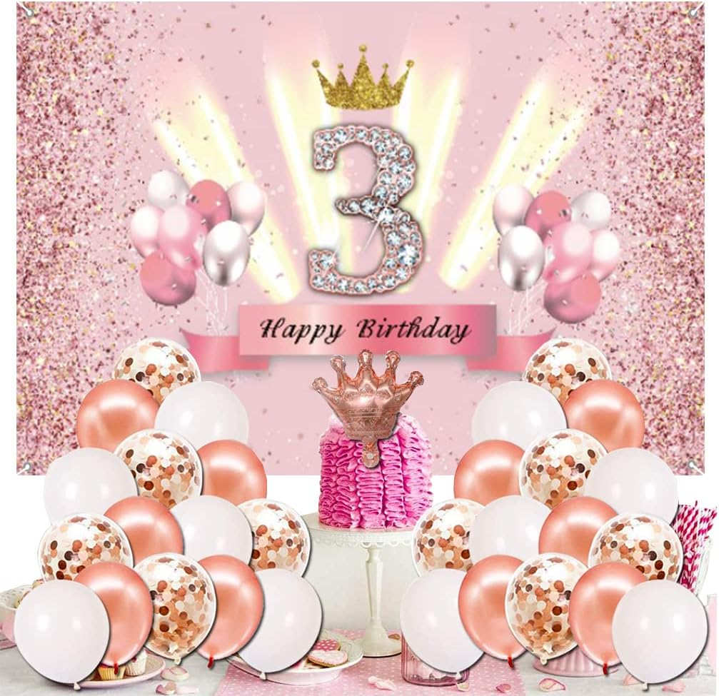 3Rd Birthday Decorations for Girls Happy 3Rd Birthday Backdrop Banner Party Deco Girl 3 Years Old Anniversary Party Fabric Sign Poster Pink Photo Background 3Rd Birthday Party Supplies, 59"X35.4" image number 1
