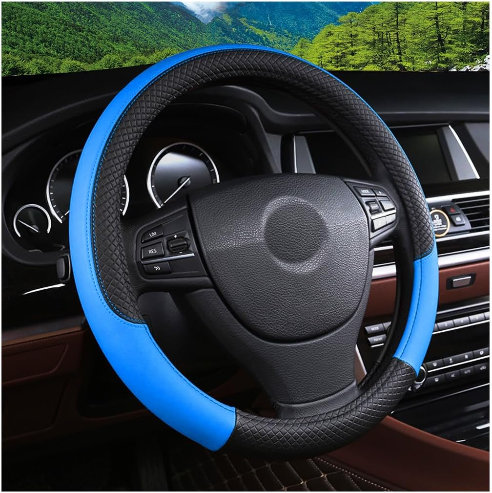 FALVFUN Car Steering Wheel Cover, 15 Inch Elastic Stretch Leather Vehicle Steer Wheel Cover Protector, Anti-Slip Breathable Automotive Interior Protection Accessories, Universal Fit (Black/Orange)