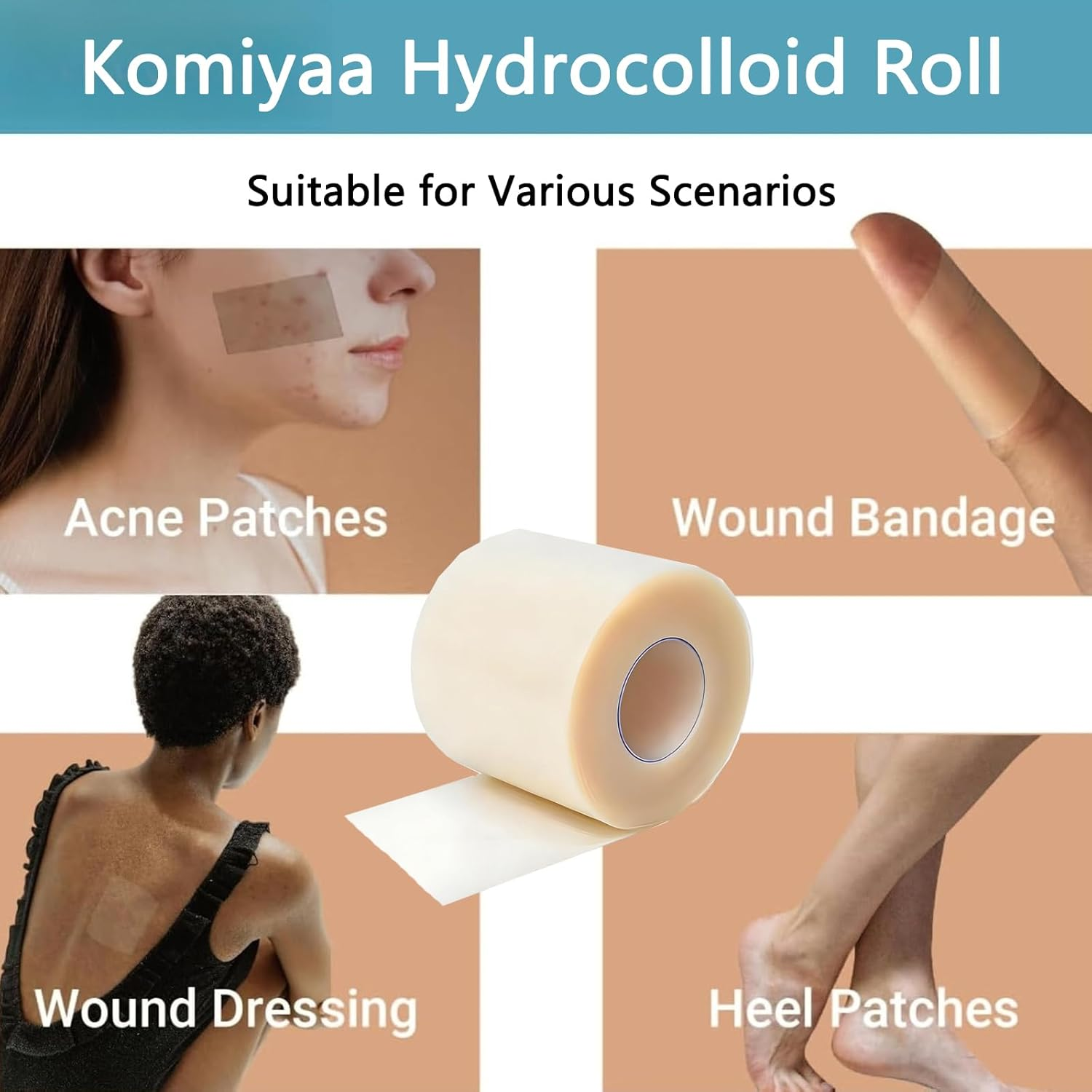 Komiyaa Hydrocolloid Roll for Wound Care, Self-Adhesive Wound Care Patches and Tape for DIY Customization, Flexible, Waterproof & Hypoallergenic First Aid Kit Essential (5Cm X 5M) image number 1