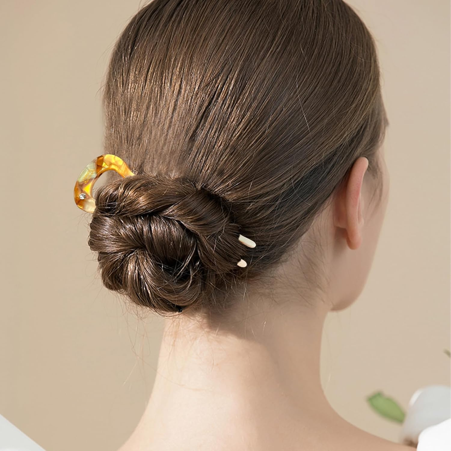 2Pcs French Rhinestone Hair Pins, U Shaped French Pin Rhinestone Style Hair Sticks Clip French Twist Hair Pin for Women Girls Thick Long Hair, Orange & Brown image number 3