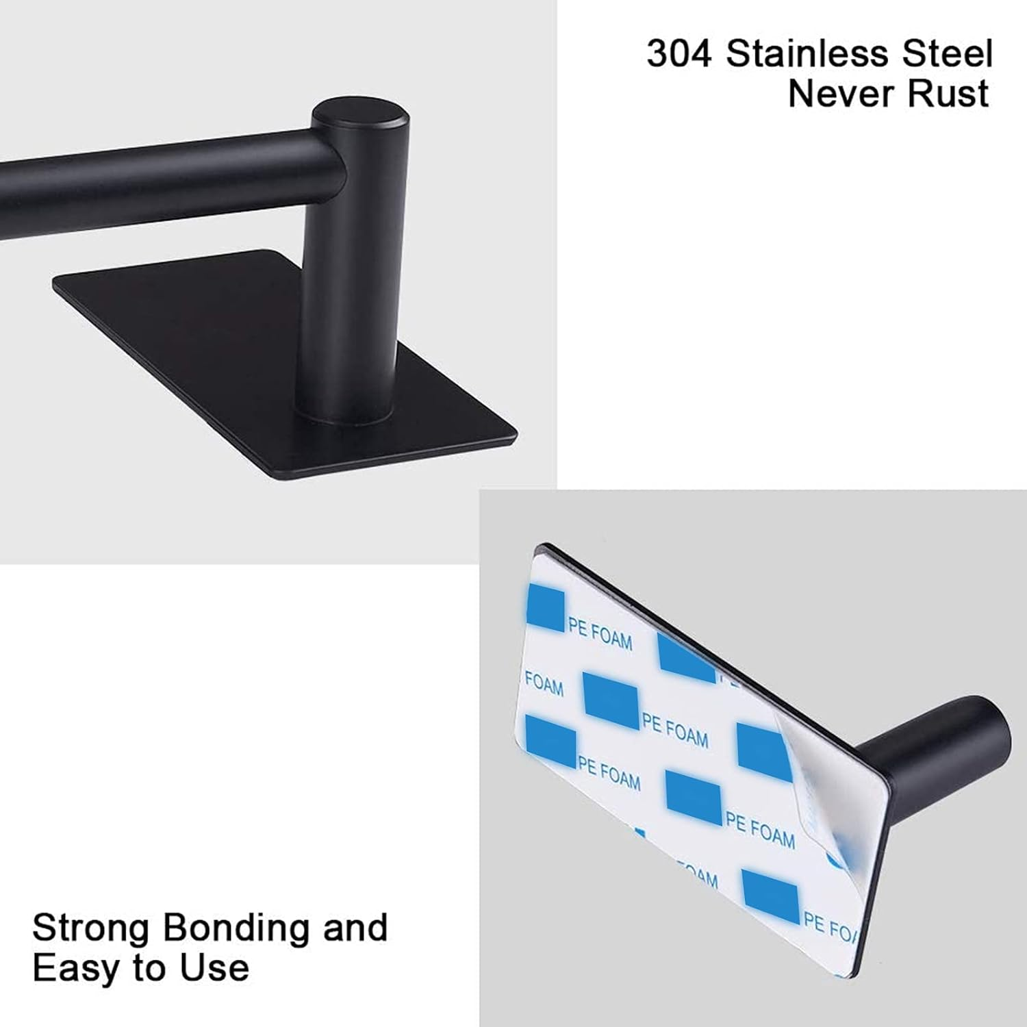 Nearmoon Self Adhesive Bathroom Towel Bar- Stainless Steel Bath Wall Shelf Rack Hanging Towel Stick on Sticky Hanger Contemporary Style, NO Drilling (Matte Black Finish, 16-Inch Towel Rack)