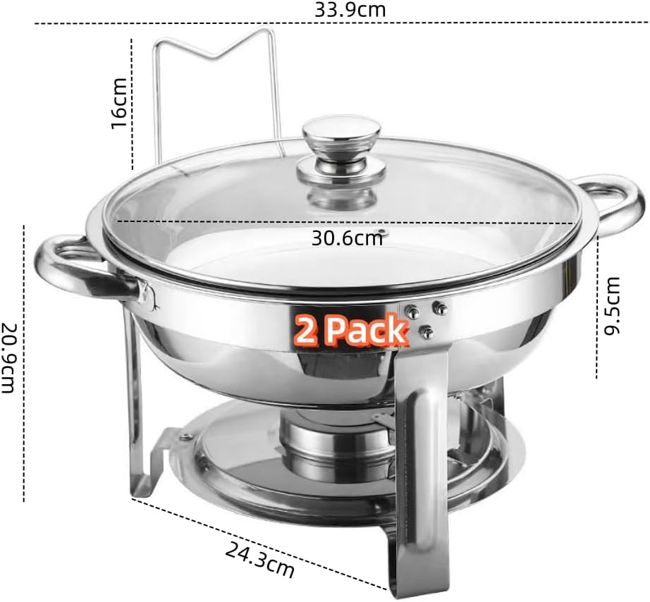 9SHOME 2Pack Chafing Dish Buffet Set, 4.5L Stainless Steel round Chafer with Glass Lid & Lid Holder, 5QT Buffet Servers Food Warmers Set with Food and Water Trays for Dinner, Parties, Wedding, Camping image number 4
