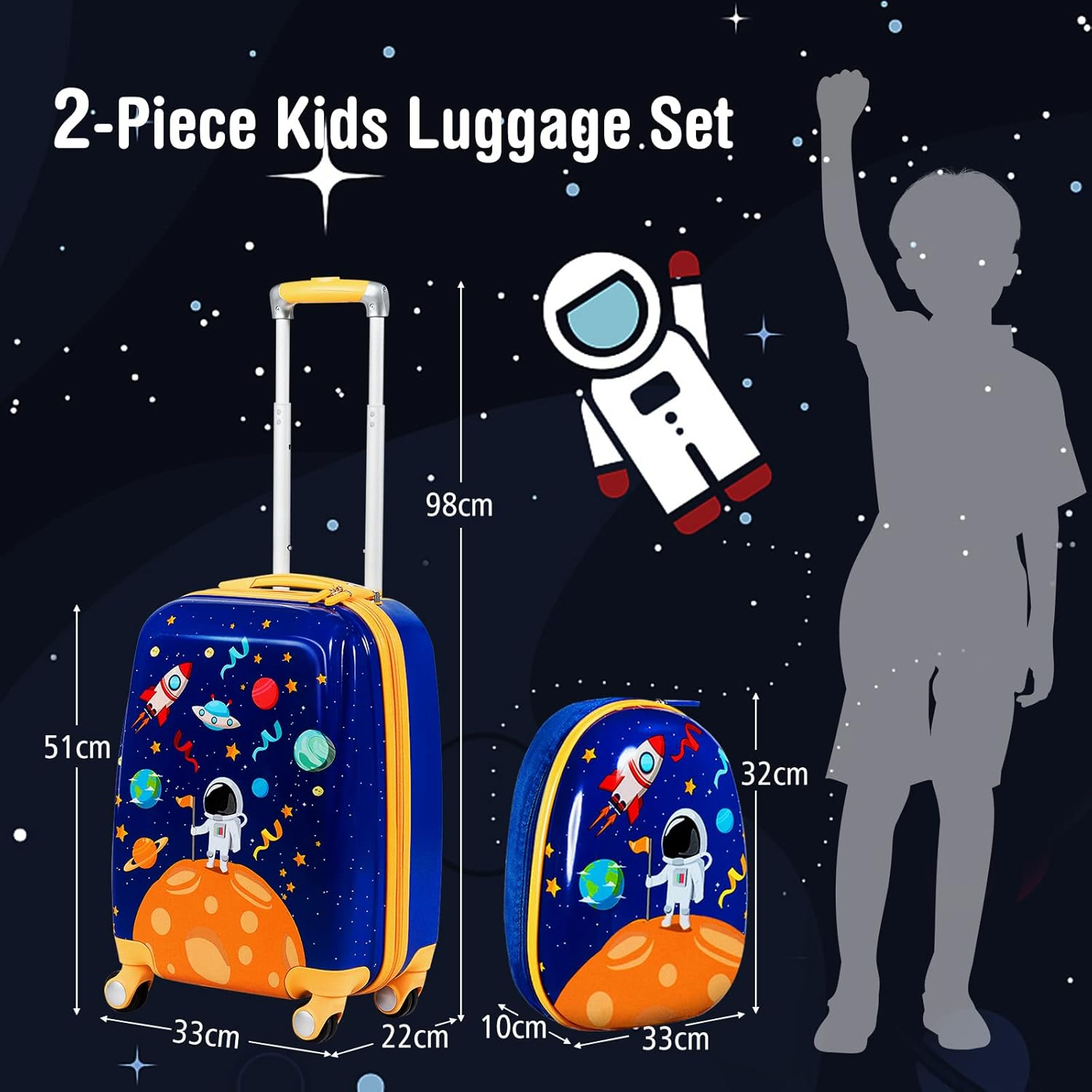 Costway 2PCS Kids Luggage Set, 13" & 18" Carry on Suitcase Set W/Spinner Wheels & Cute Mermaid Pattern, Adjustable Trolley Rod Height & Backpack Shoulder Strap (Astronaut) image number 3