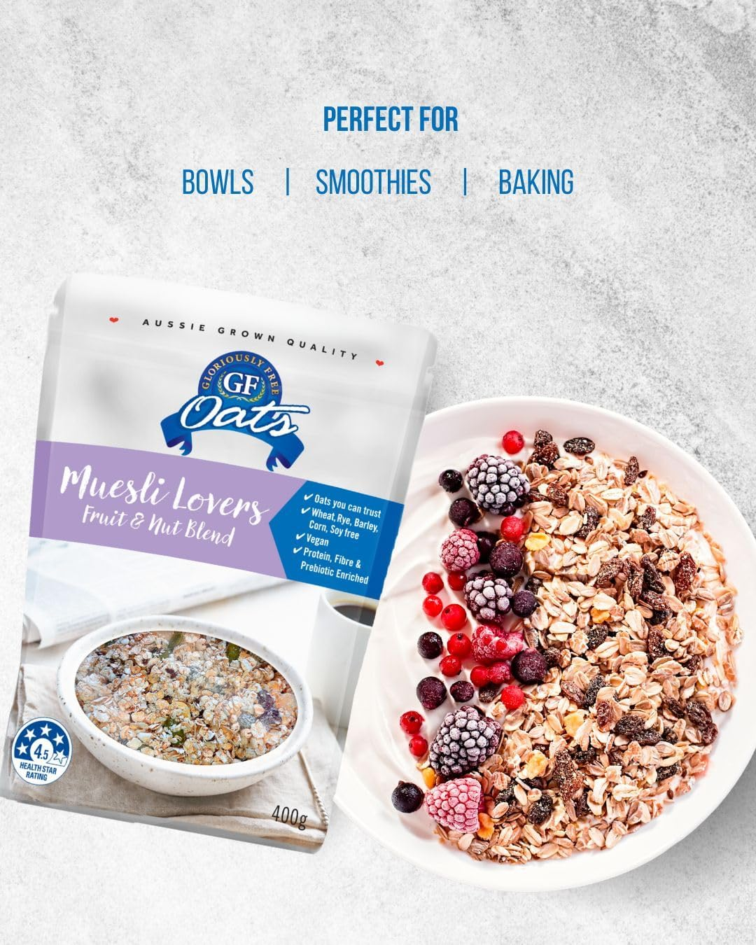 GF Oats Muesli Starter Pack | Nil Gluten Contamination | 4 X 400G Pack| 10 Serves per Pack | Includes 4 Flavours | Free from Wheat, Rye, Barley, GMO, Dairy, Egg & Soy. Vegan Granola Alternative image number 2