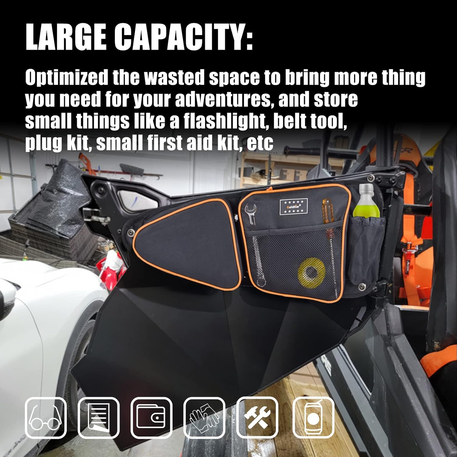 Goldfire RZR XP 1000 Accessories, RZR Door Bags Sxs Storage Bag Set W/Knee Pad for 2014-2020 Polaris RZR XP Turbo Turbo S 1000 S900(Orange Piping) image number 6