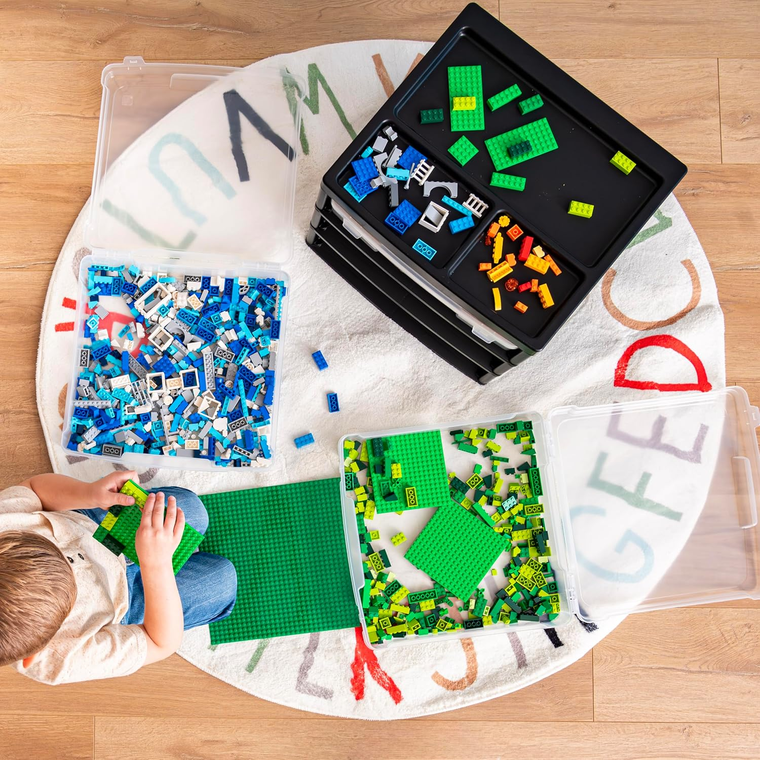 IRIS USA Fits 12" X 12" Paper, 3-Tier Scrapbook Storage Unit with Organizer Top, for Building Blocks  Papers Tools Office Art and Craft Supplies, Desktop Organizer, Built in Handle, Black/Clear image number 4