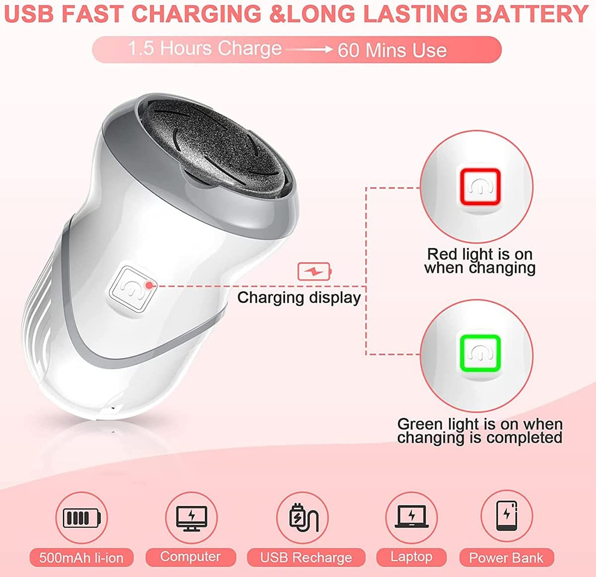 Electric Feet Callus Remover Portable Rechargeable Foot Grinder Foot File Pedicure Tools with Vacuum Adsorption Pedicure Foot Care Tools for Feet Cracked Heels and Dead Skin image number 6