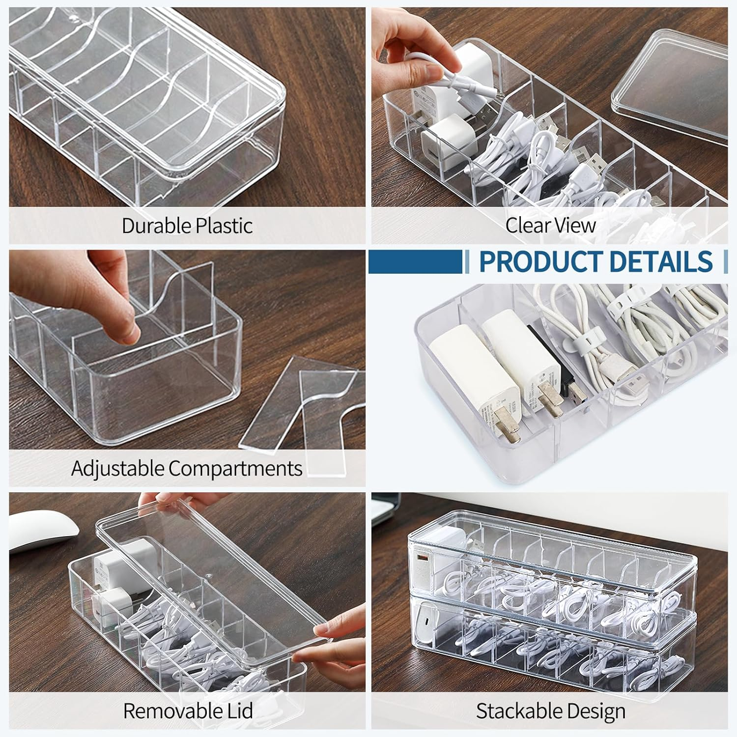 FYY Clear Electronics Organizer Box - with 10 Wire Ties, Desktop Cable Management Box with Lid, Acrylic Cord Organizer Case 8 Compartment Electronic Accessories Case for Desk Drawer, Office, Home