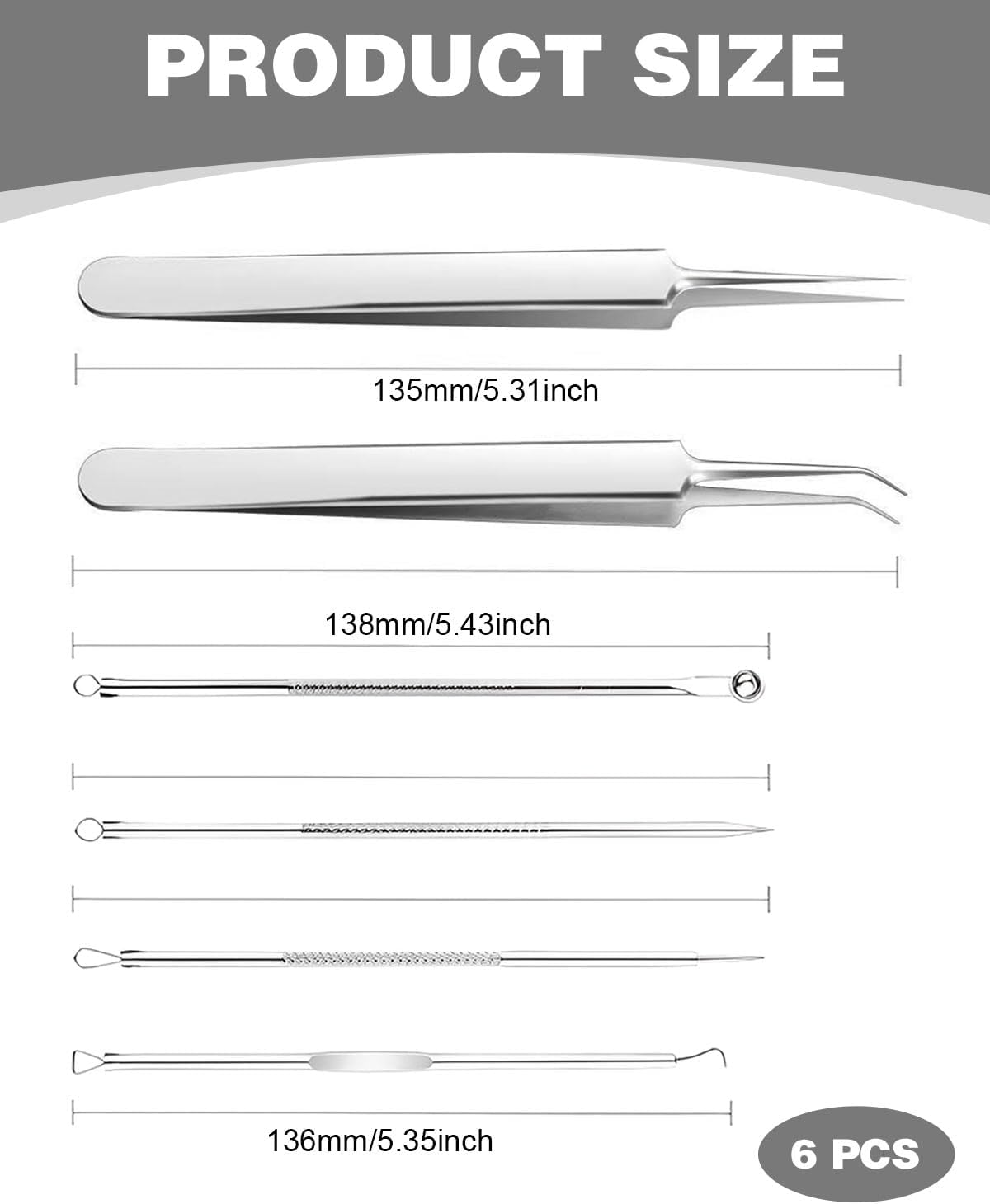 KGDUYC 6 Pieces Stainless Steel Tweezers, Milia Knife, Blackhead Tweezers, Precision Blackhead Tweezers, Fine Technical Tweezers, Splinter Tweezers for Extractor, Acne, Pimples, Comedones, Stains Or image number 3