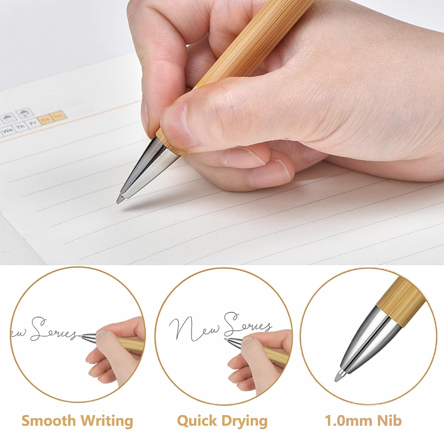 12 Pcs Bamboo Retractable Ballpoint Pens Black Ink 1Mm Pen with Clip, Wooden Retractable Ballpoint Pen, Wood Bamboo Pens for Men Women Employee Writing Signature Journaling Home Office School image number 4