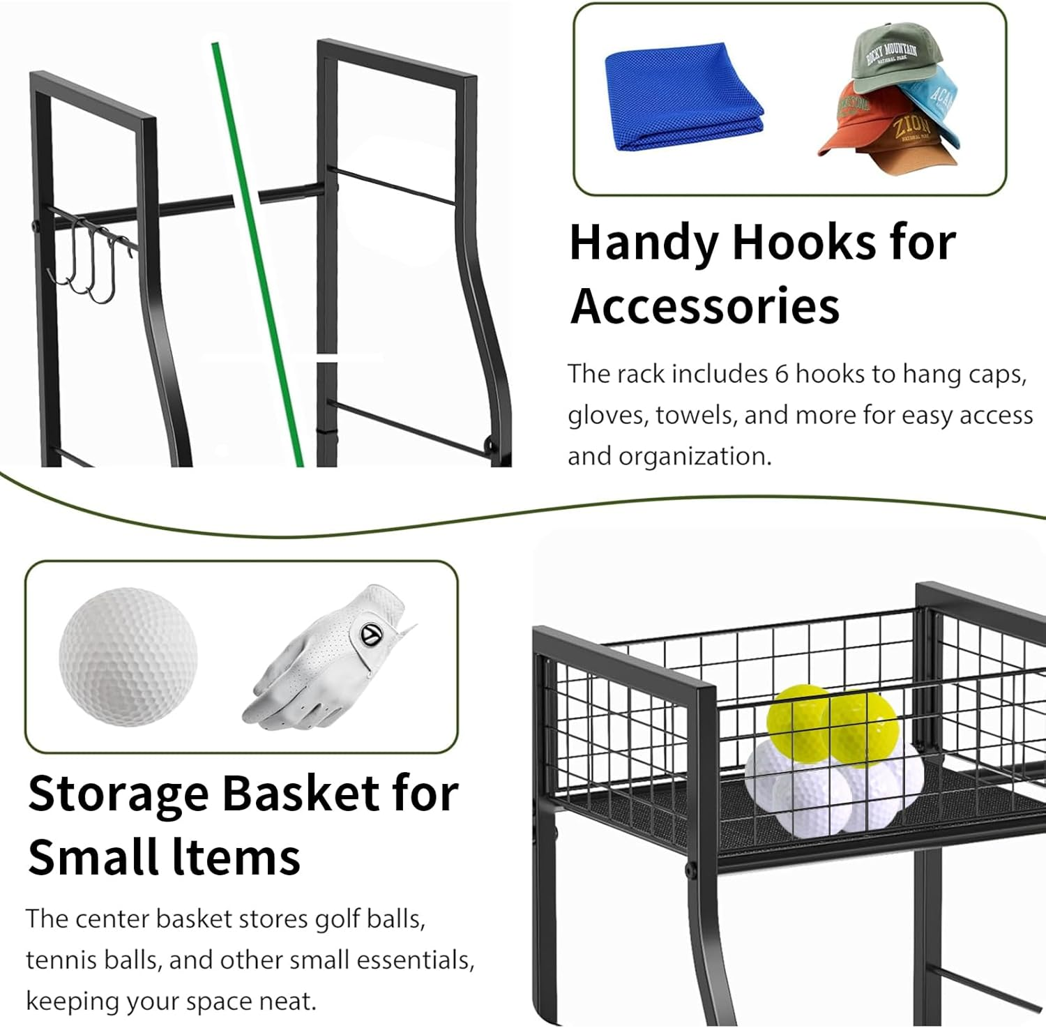 RHSTAO Golf Bag Garage Storage Rack with Wheels, Organizer for Single Golf Bag and Equipment Accessories, Ideal for Home, Garage, Club, Shed, Basement - Sturdy Wood and Metal Construction image number 4