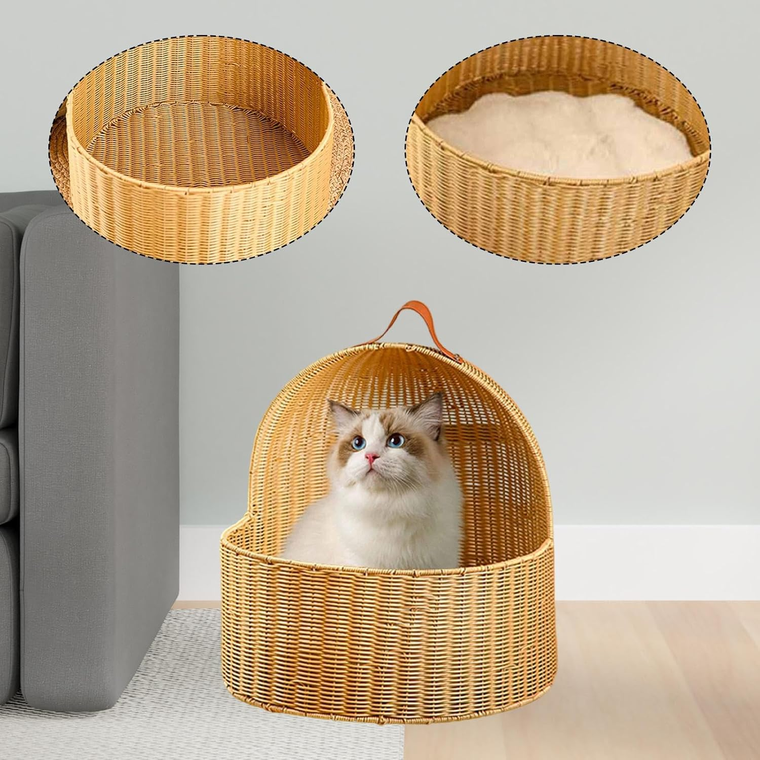 Fewnvwa Imitation Rattan Cat Bed, Hideaway, Comfortable Nest, Semi-Enclosed Pet Bed, Cat House for Small Dogs, Kittens, Puppies, Kittens, Yellow image number 2