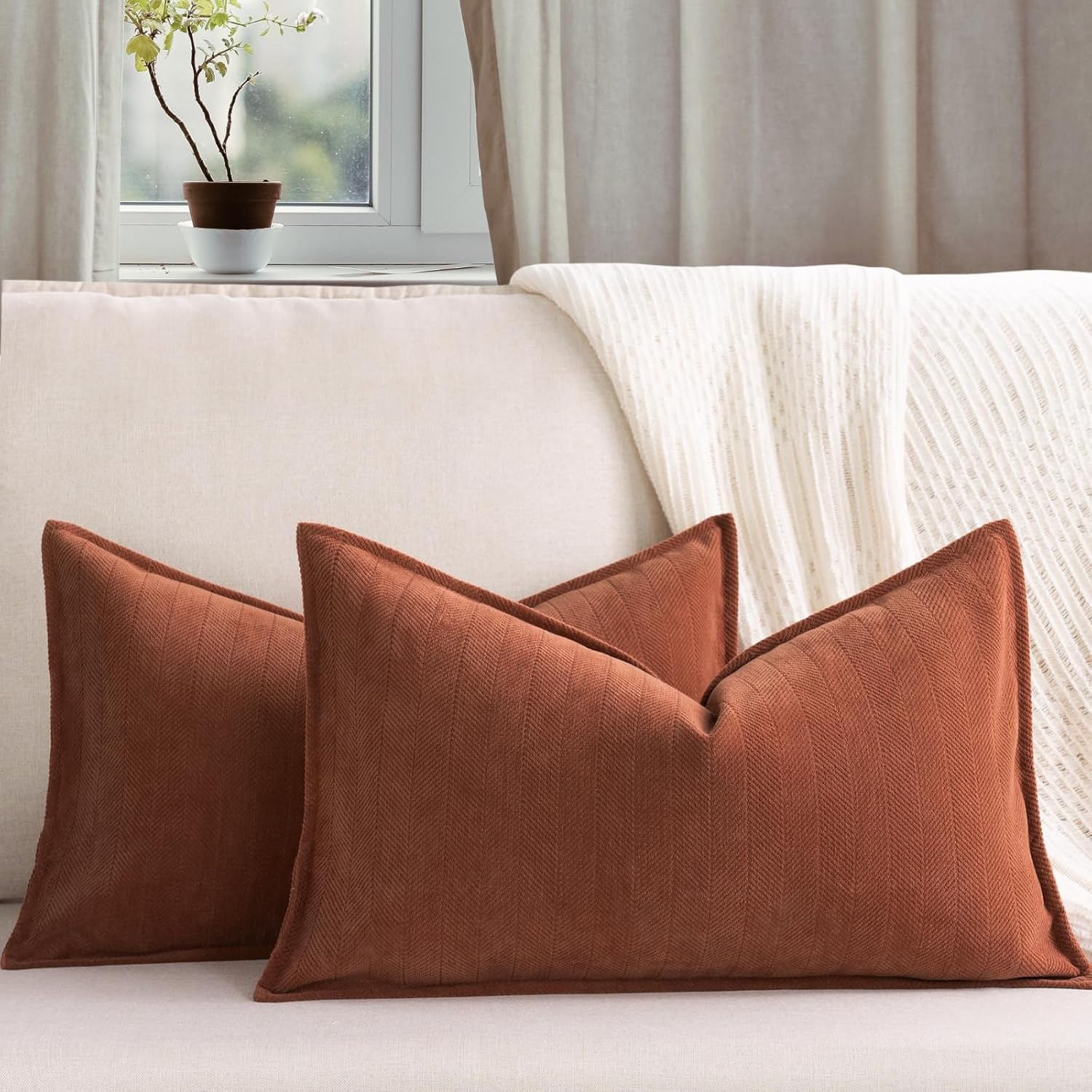 Pillow Covers 45X45 Cm Set of 2, Chenille Pillow Covers with Elegant Design, JOMWEN Soft and Luxurious Decorative Throw Pillows for Couch, Bed, Living Room Home (Chenille Rust, 45 X 45Cm)