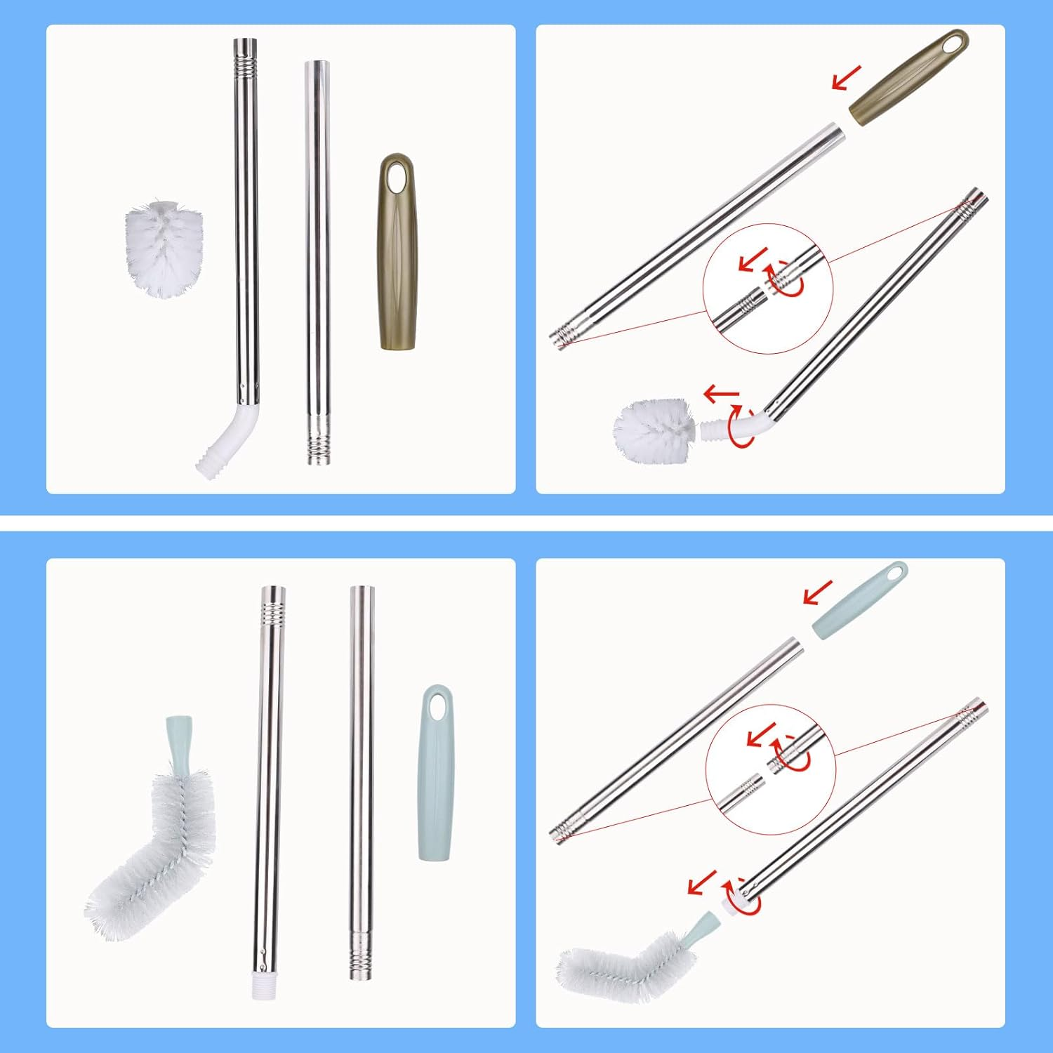 2Pcs Bucket Cleaning Brushes, 2 Styles Gallon Jug Cleaner Kettle Brush with Extra Long Stainless Steel Handle and Nylon Bristles Water Bottle Efficient Cleaning Tools image number 1