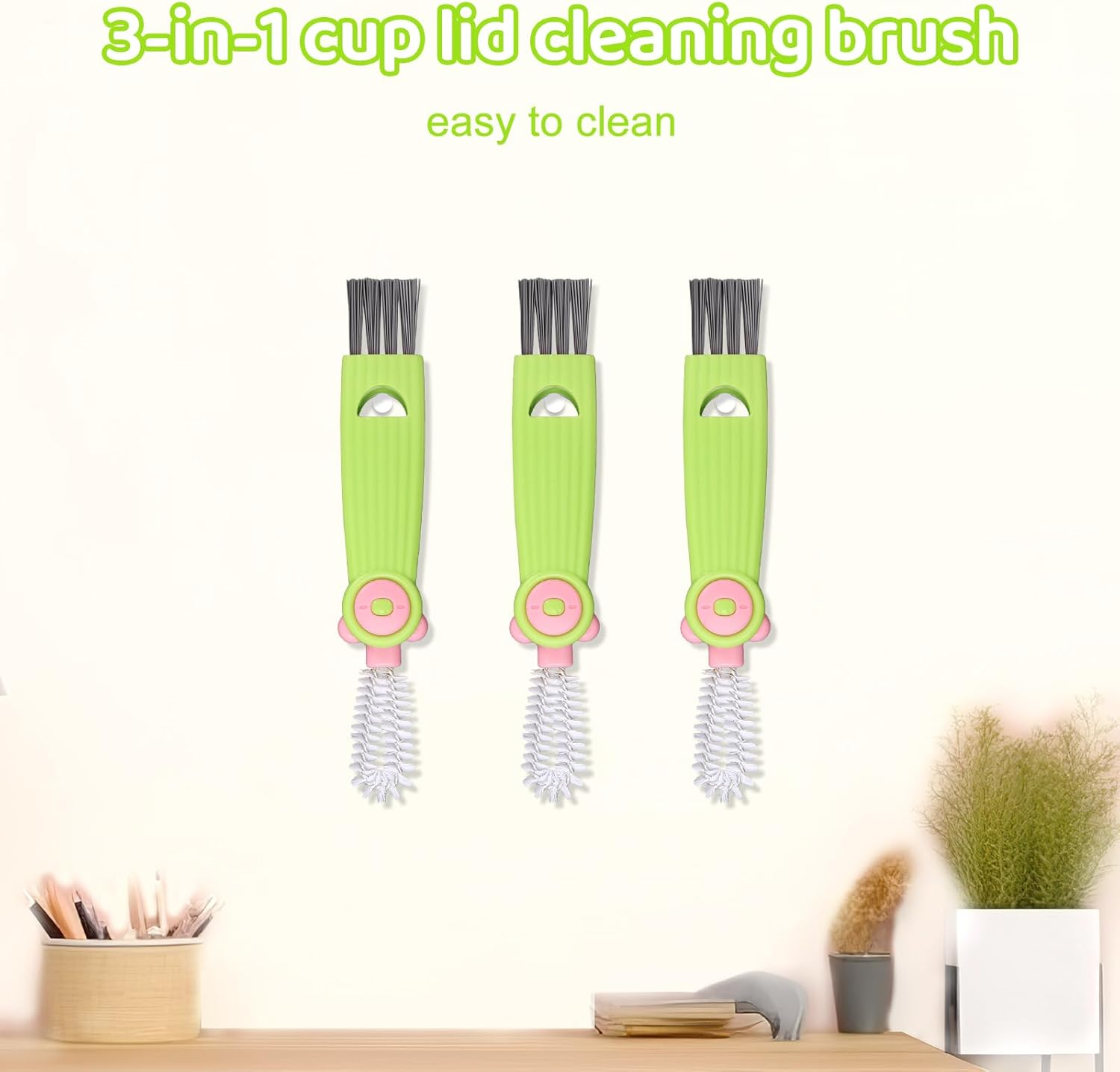 3Pcs 3-In-1 Cup Lid Cleaning Brush, 3-In-1 Multifunctional Cleaning Brush New Bottle Crevice Cleaning Brush Portable Cup Lid Gap Cleaning Brush for Home Kitchen (Green) - Green image number 4