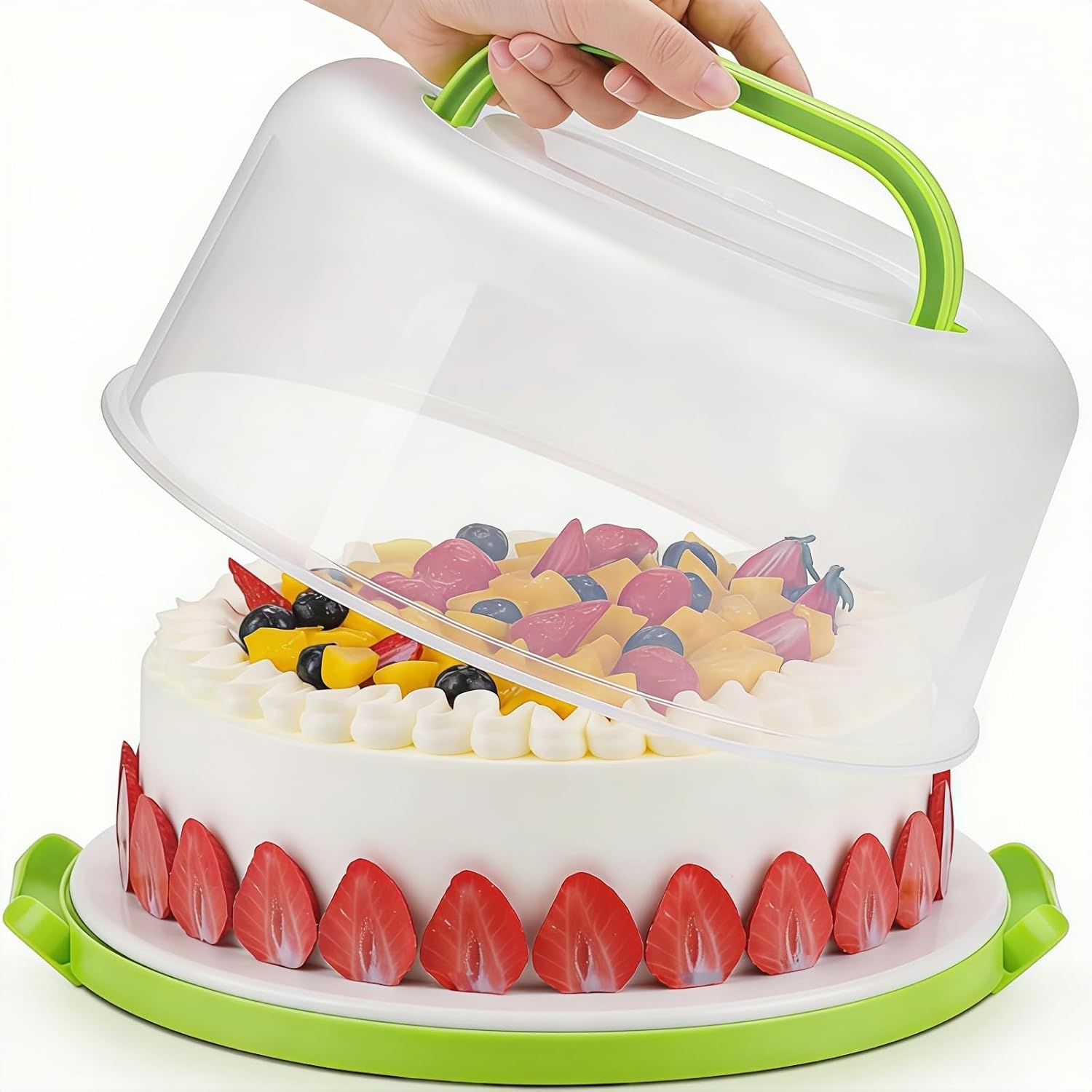 10 Inch Cake Carrier Stand round Holder Storage with Lid and Handle for Transport Storage Container Tray Cake Cover Stand Cupcake Containers Keeper Kitchen Cooking Box Large (Green)
