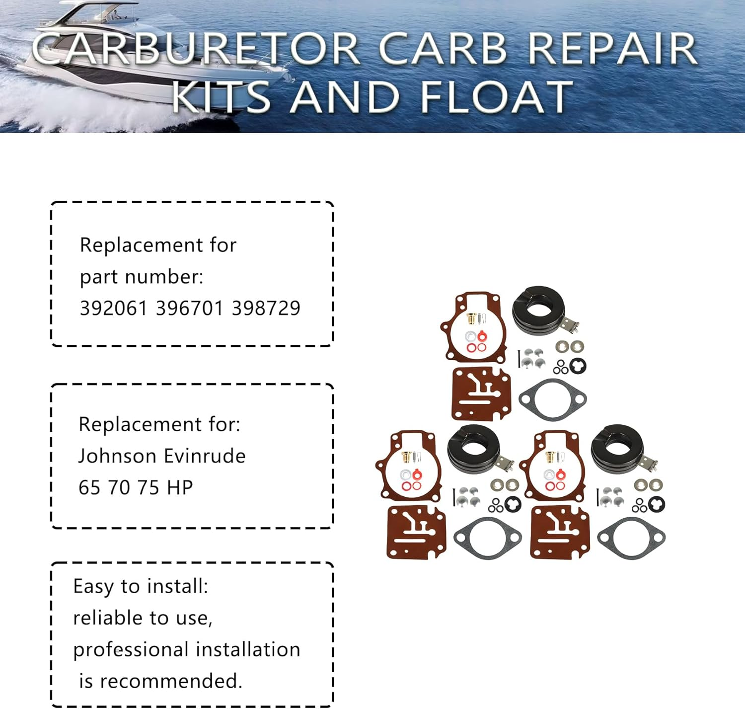 3 X Carburetor Carb Rebuild Repair Kits and Float Fit for Johnson Evinrude 396701 65 70 75 HP image number 4