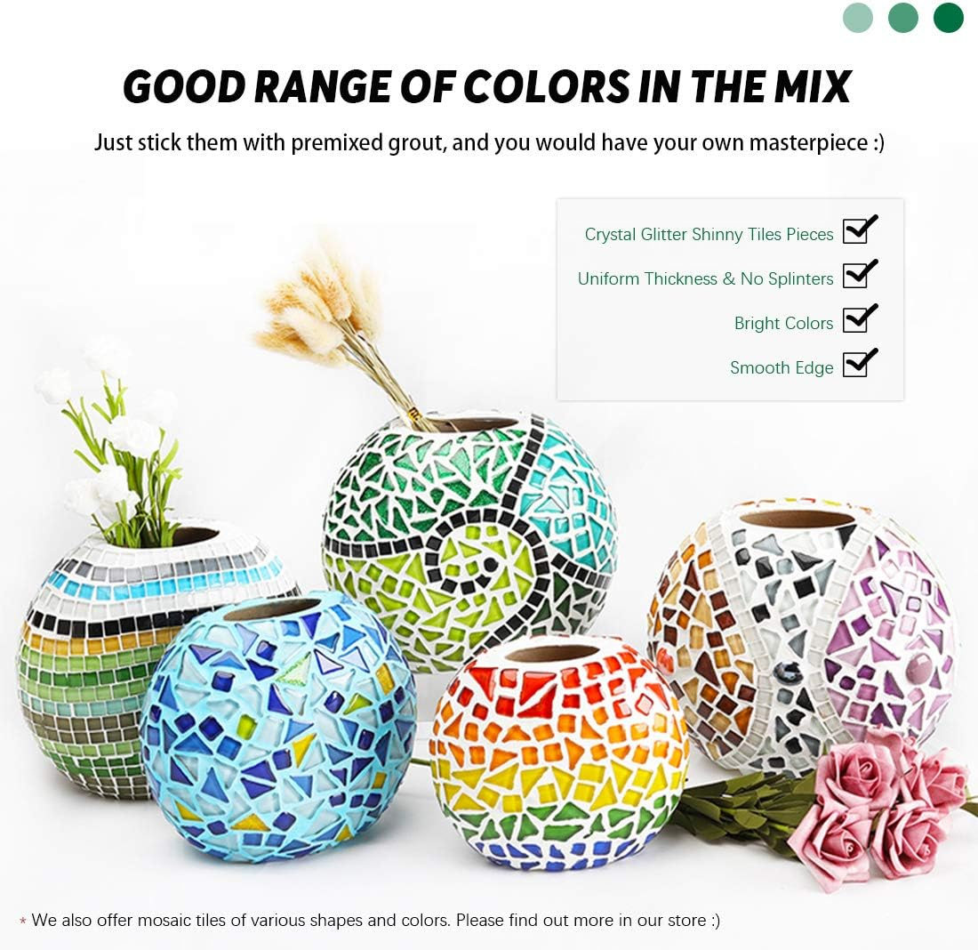 Hilitchi 1Lb 3 Colors Mosaic Tiles Assorted Stained Glass Mosaic Tile Glass Pieces Arts and Crafts Gifts, Ideal for Handmade Gift Mosaic Candle Holder- Red Green White Mosaic Tile - Glittery Mixed Color-E image number 5
