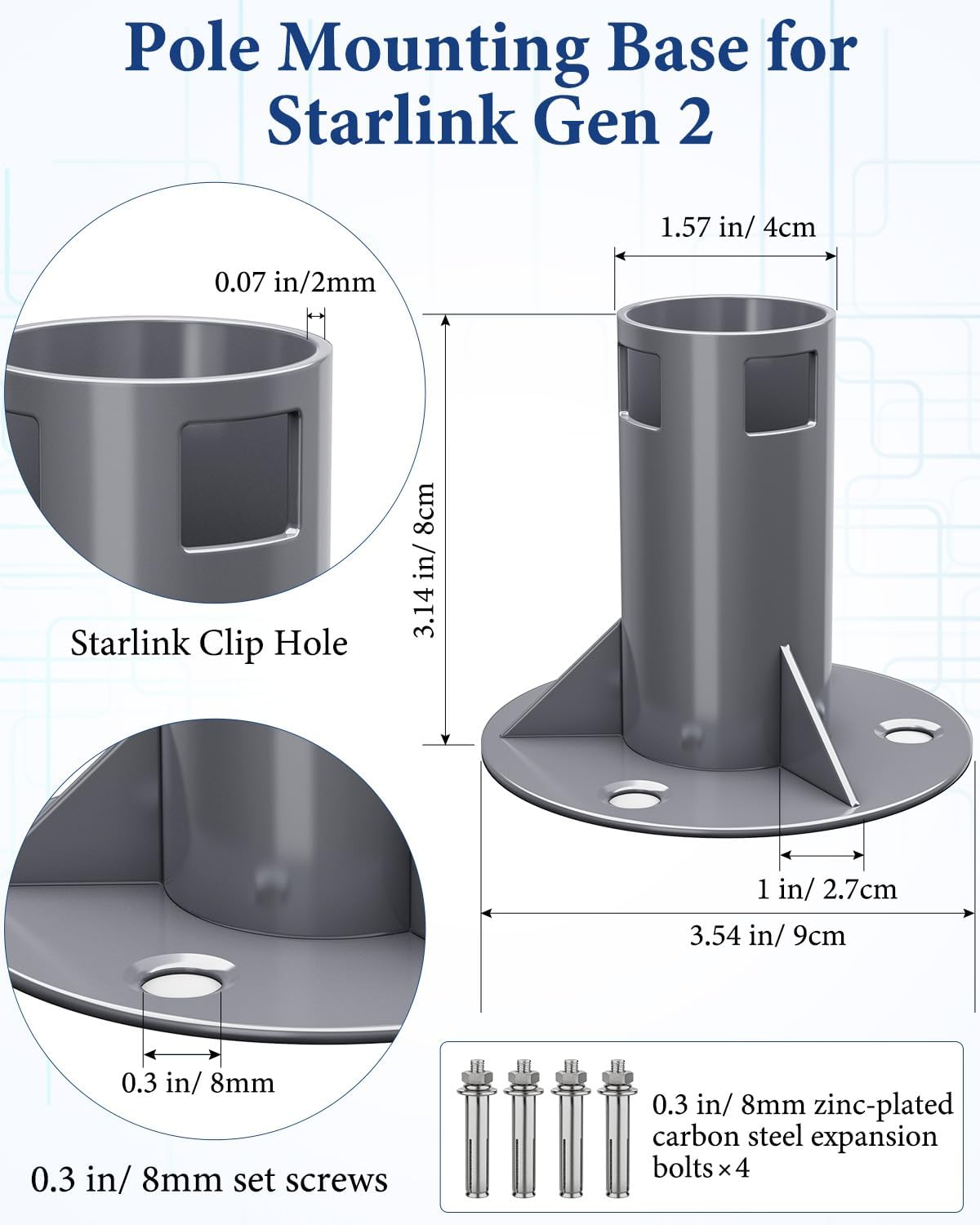 Luxisync Starlink Gen 2 Fixed Base, Stainless Steel Pipe Adapter, Mounting Kit for Starlink Gen 2 Receiver, Wi-Fi Satellite Internet Kit - Dark Gray image number 4