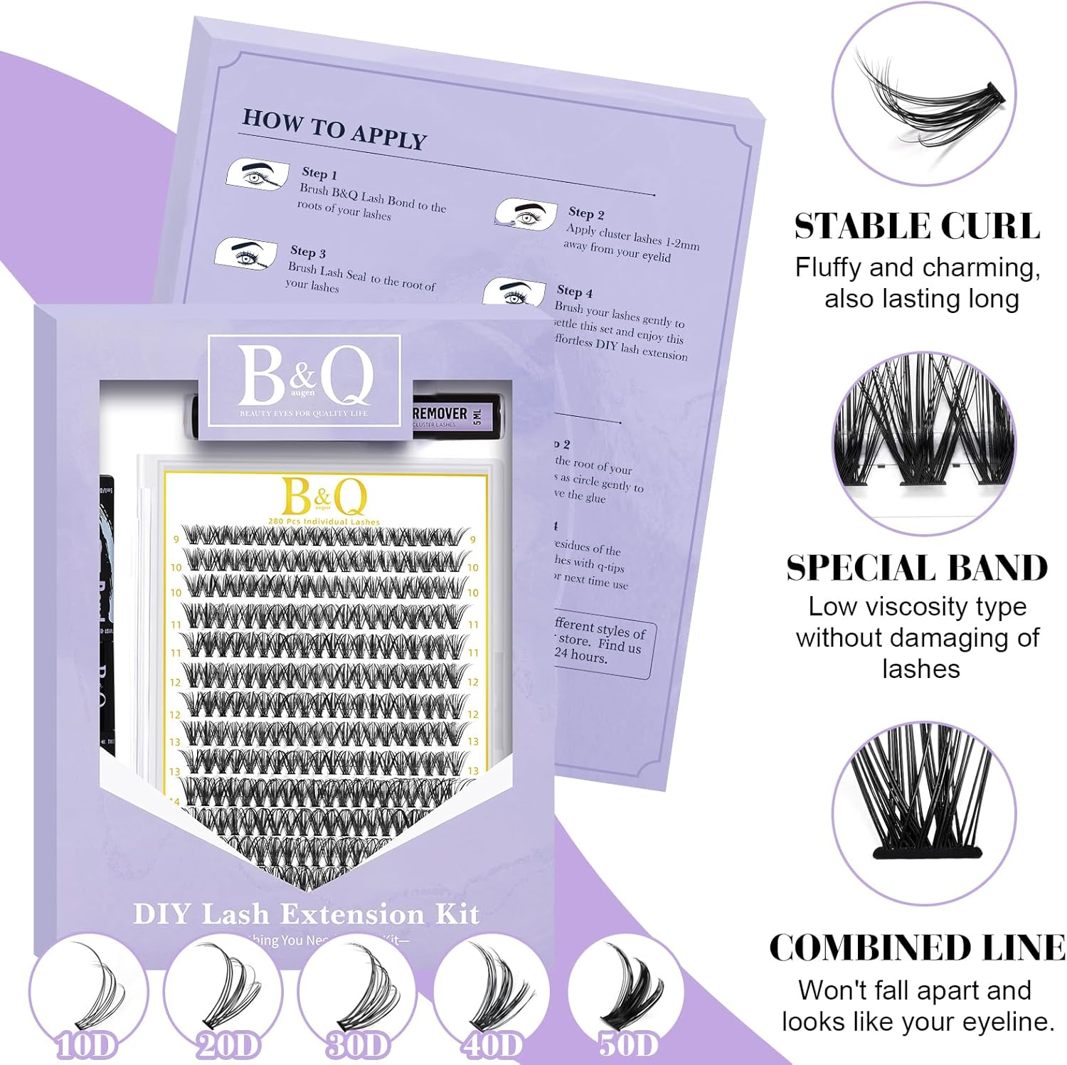 Cluster Lashes Kit 280PCS DIY Lash Extension Kit 9-16MIX Individual Eyelash Extension Kit 40D D Curl Lash Glue Remover and Applicators for Eyelash Extensions Beginners(Rrkit-40D-0.07D-9-16Mix-New) image number 6