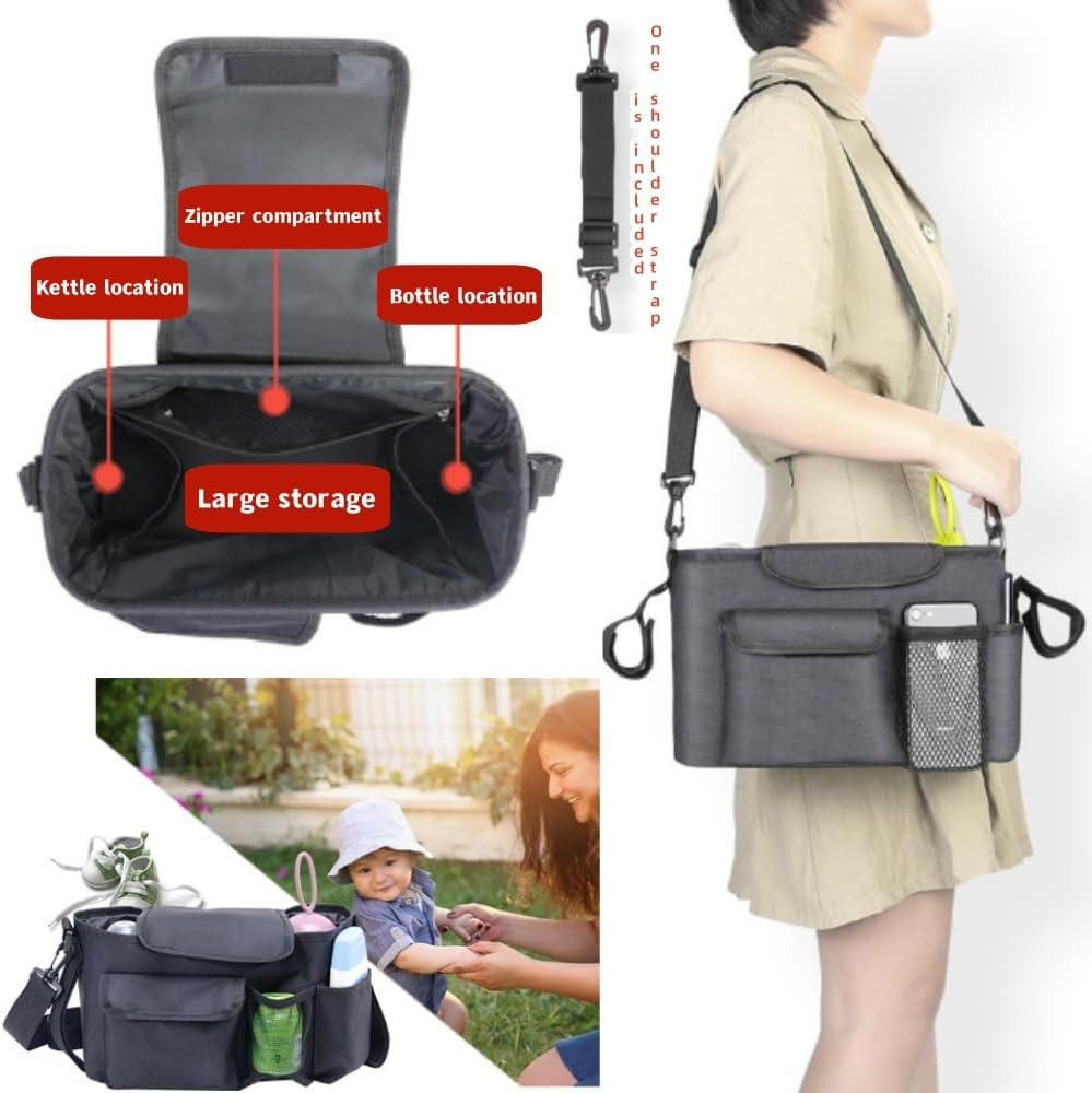 Universal Pram Organiser | Large Pram Organiser| Smart Moms Storage Bag Diaper Toys Keys Stroller Accessories | Kodra Fabric | Detachable Shoulder Straps Water Resistant Safe and Durable | Black image number 3