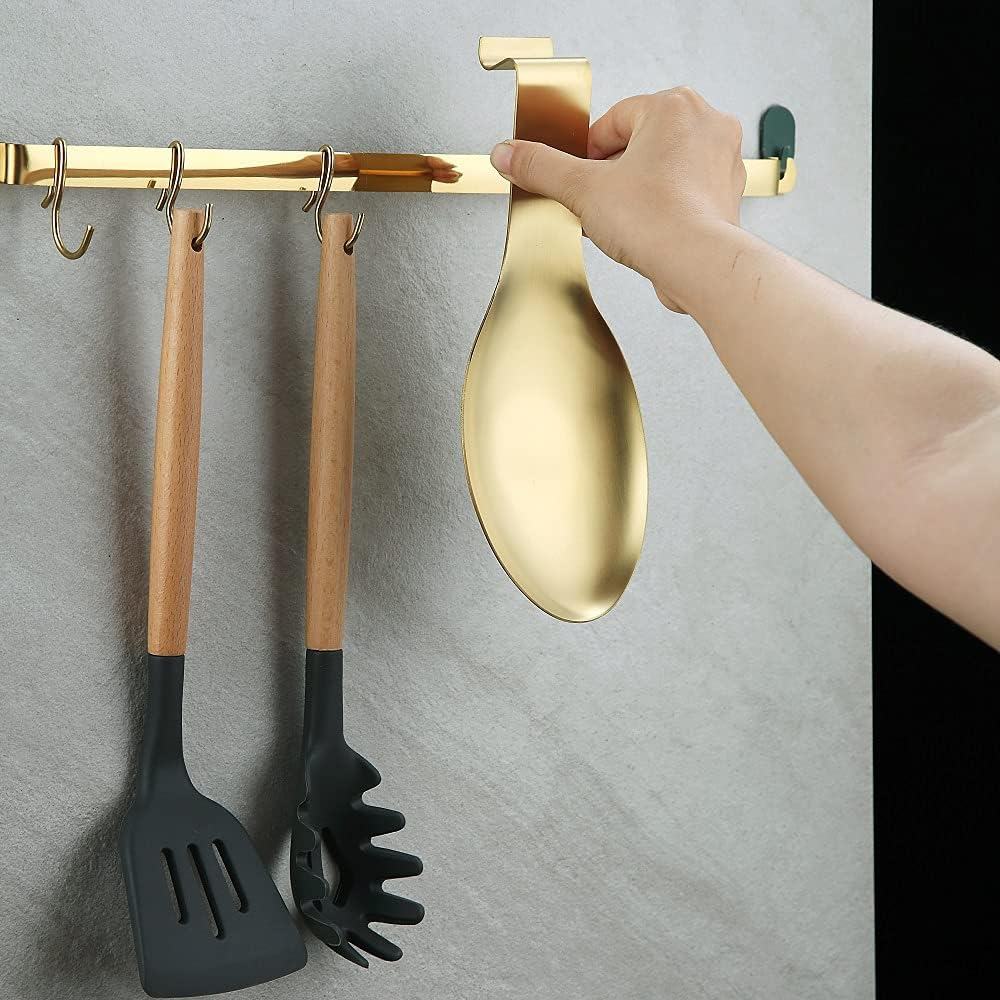 Matte Gold Spoon Rest, Stainless Steel Spoon Holder for Stove Top, Kitchen Utensils Holder for Ladles, Tongs, Spatula, Stove Spoon Holder, Pot Lid Holder, Dishwasher Safe (1PC-9.5 Inch) image number 3