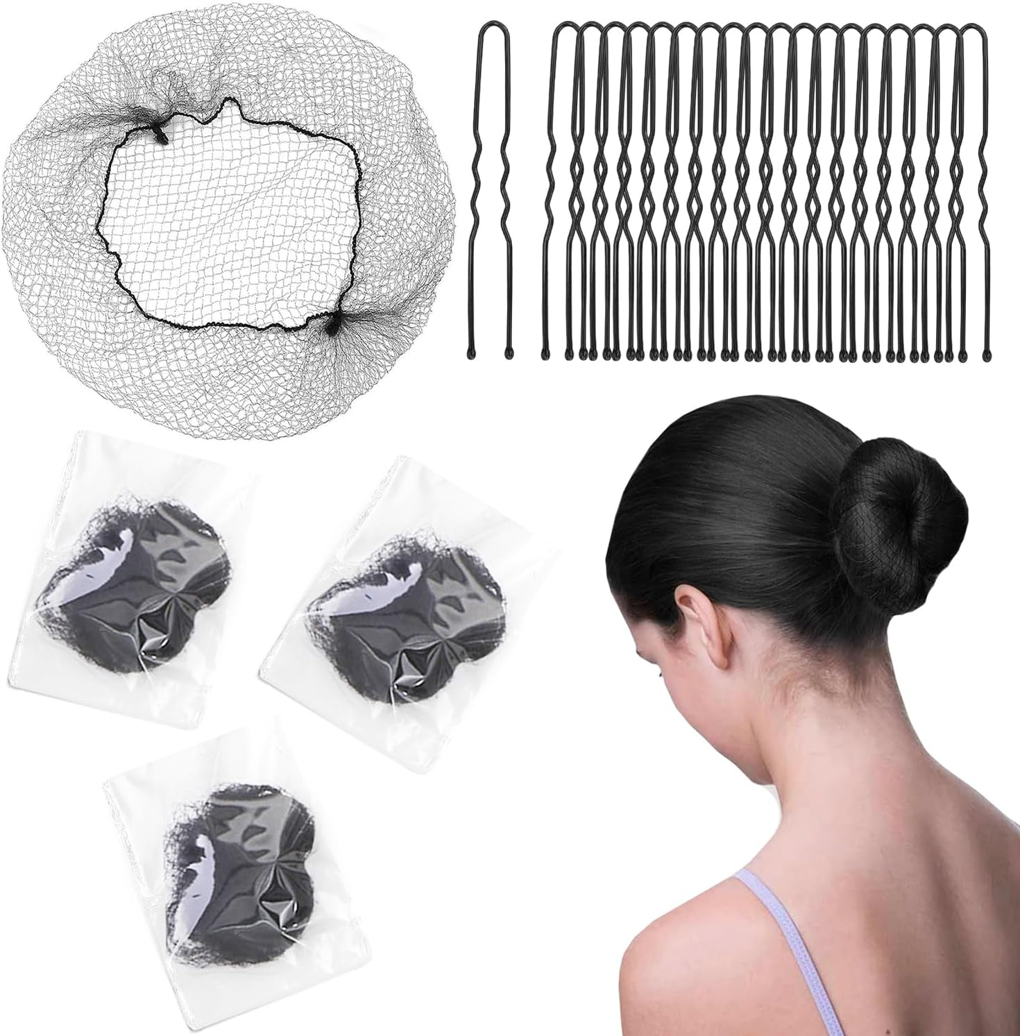 Invisible Elastic Hair Nets with Bobby Pins for Ballerina Buns - 12Inch Light Brown Nets 30Pcs and 20 Pins Golden