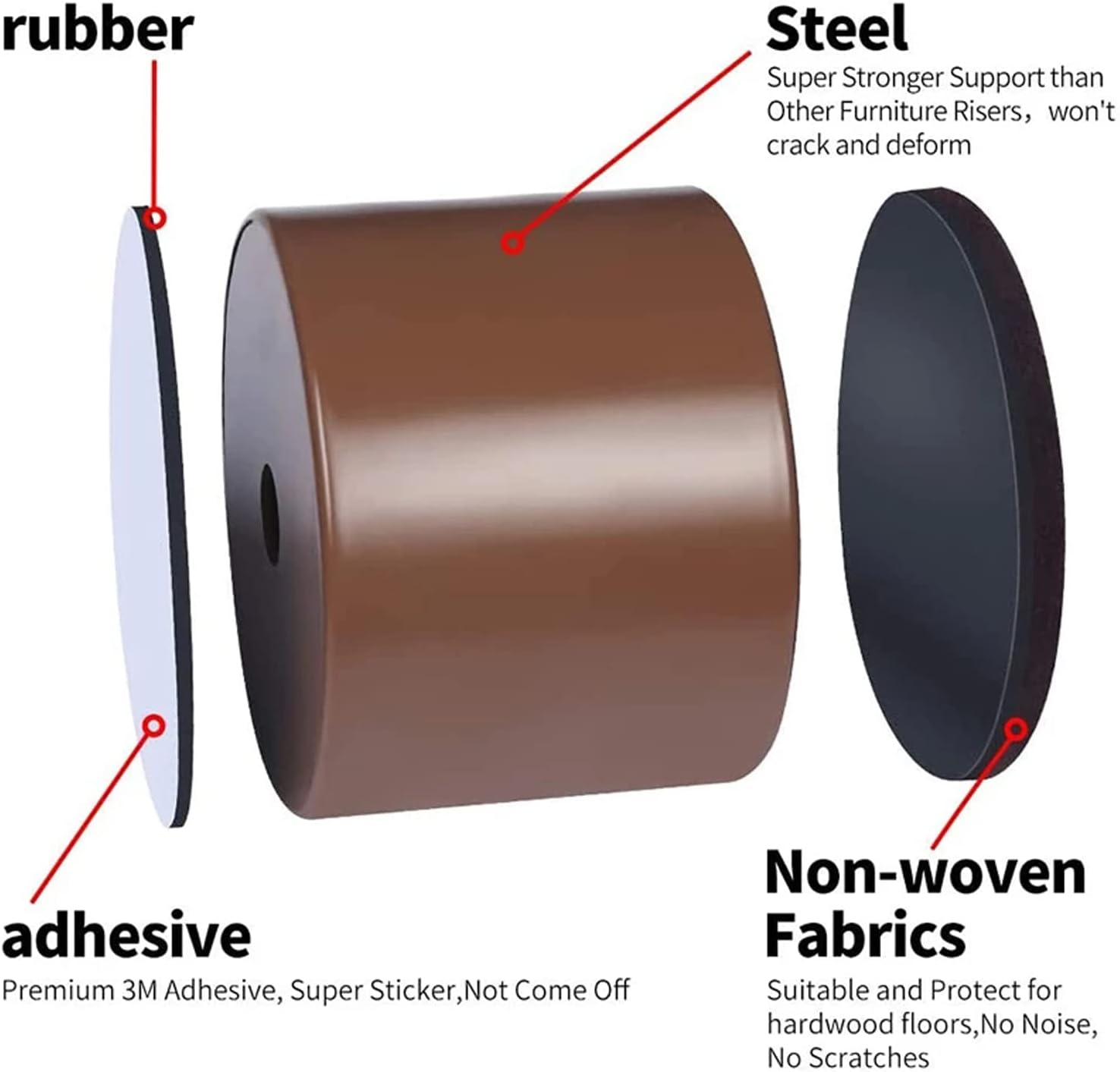 Furniture Bed Risers 2 Inch Carbon Steel, BRUIQIM Self-Adhesive Bed Riser, Table Riser, Sofa Riser, Furniture Riser Adds 2" in Height,Solid Steel Bed Riser Supports 5000 Lbs (Brown, Black) image number 4