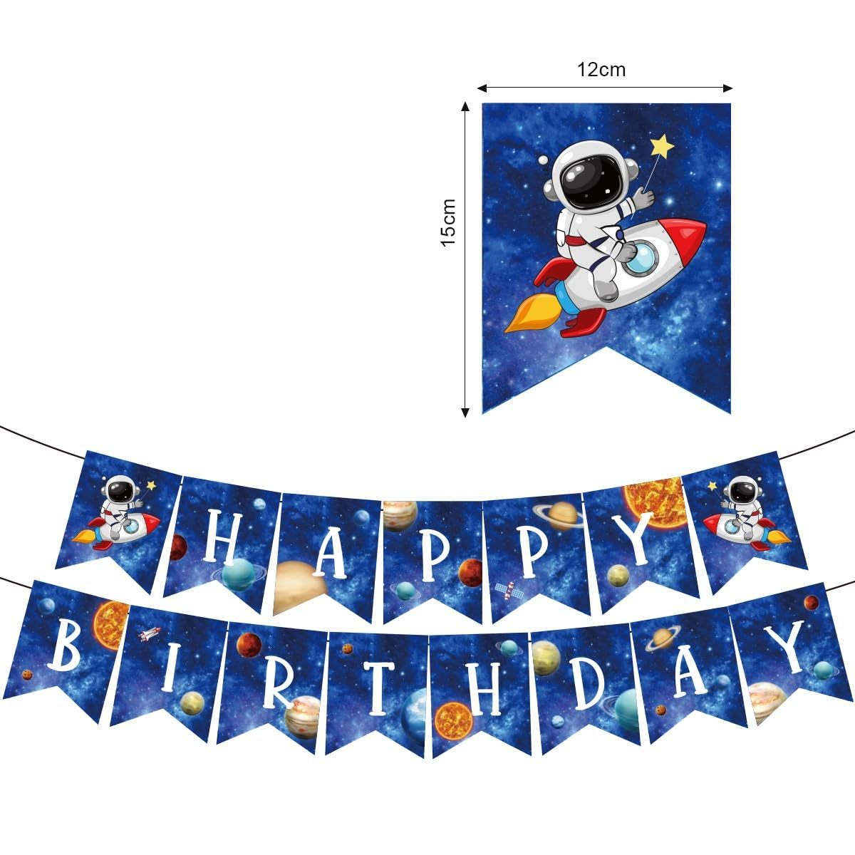 Space Theme Happy Birthday Banner, Astronaut and Planet Design, Blue Starry Sky Party Decoration image number 3