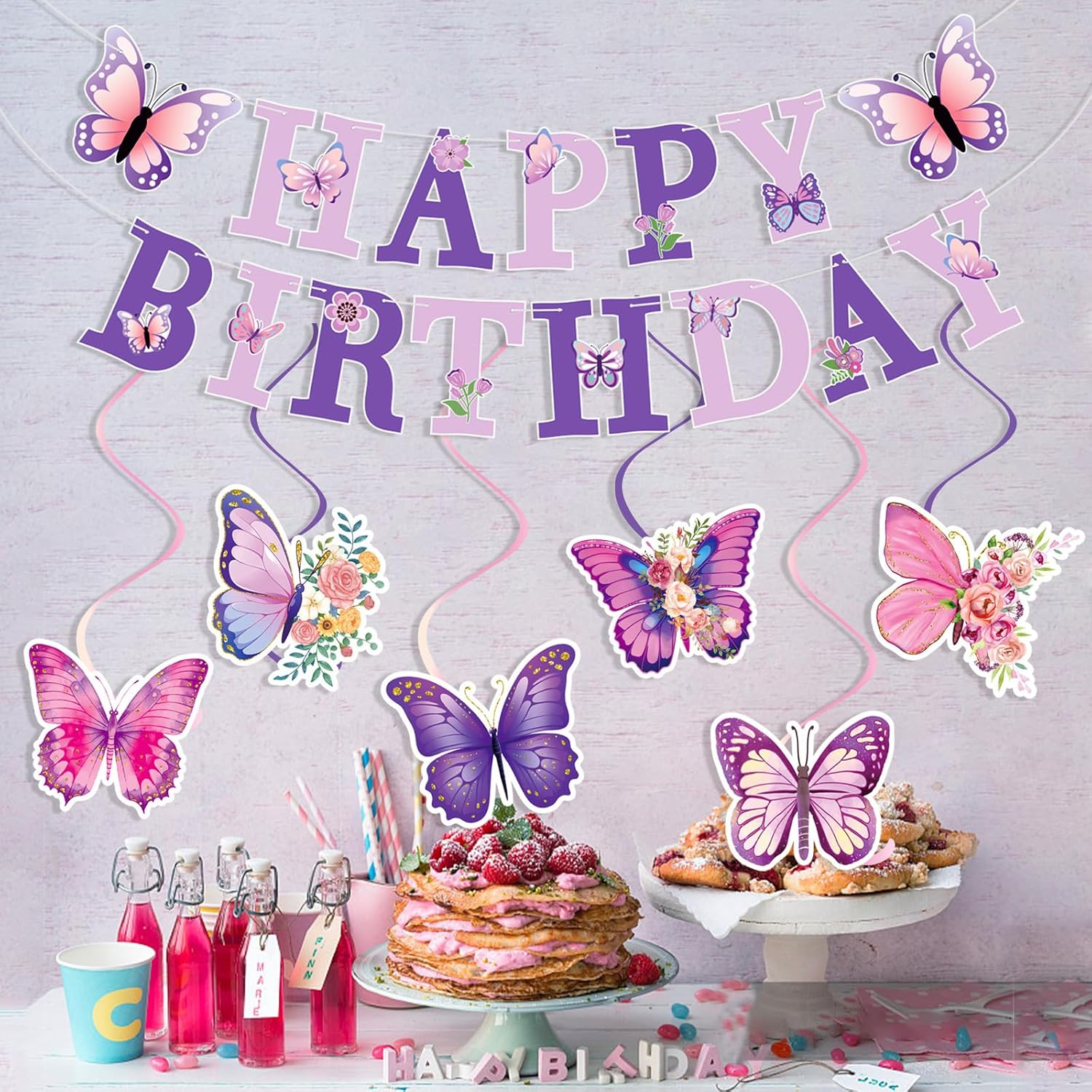 Butterfly Birthday Party Decorations Set, 19 Pieces, Purple and Pink Banner with Hanging Swirls and Cupcake Toppers image number 5