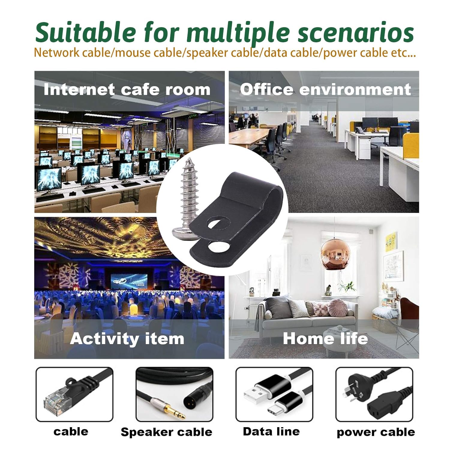 Keadic 60 Pieces 1/4 Inch Black Nylon Cable Clamps with Stainless Steel Screws, R-Type Mounting Cord Fastener Wire Clamps for Wire Pipe Management image number 5