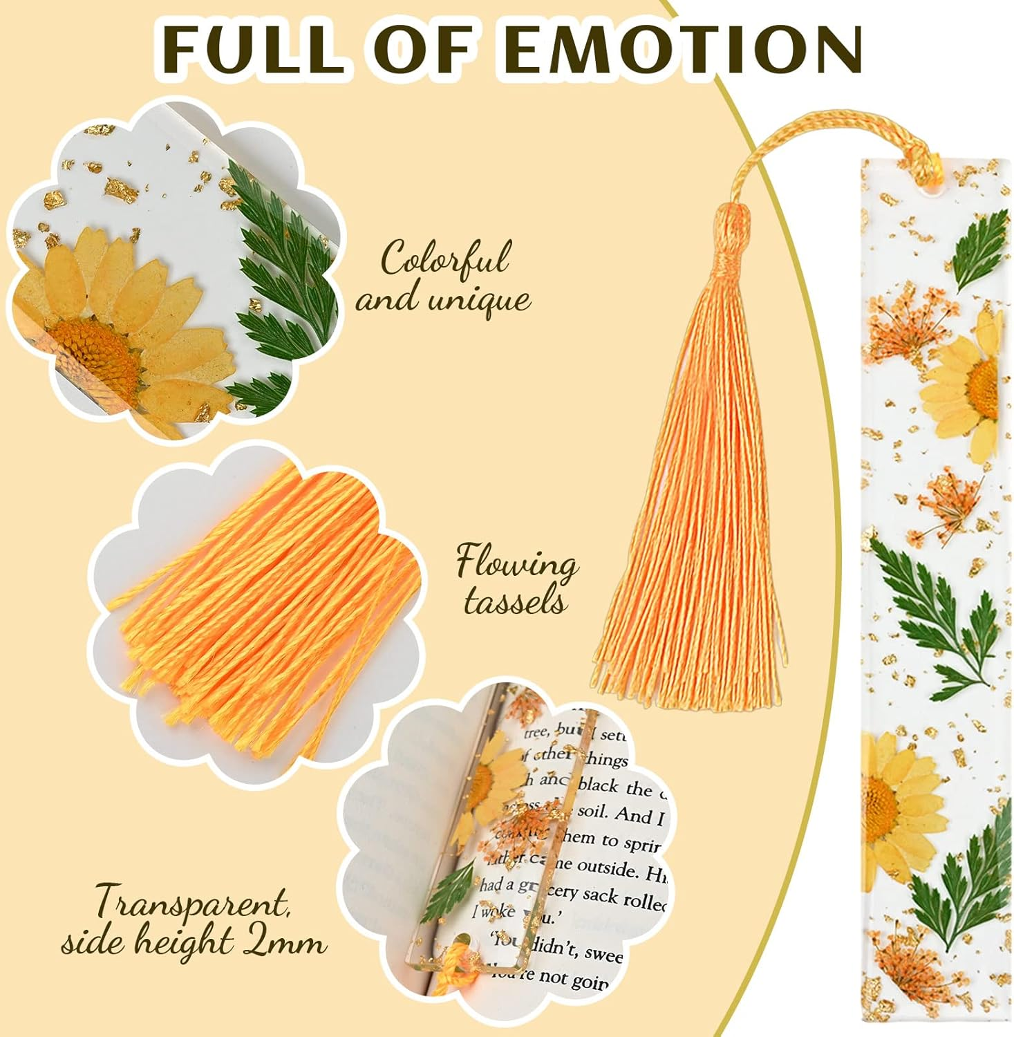 Kavoc 4 Pieces Flower Acrylic Bookmarks Book Page Holder Floral Bookmarks with Colorful Tassels Thumb Ring Page Holder Transparent Page Holders for Reading Students Teachers (Blue/Orange/Pink/Yellow) image number 3