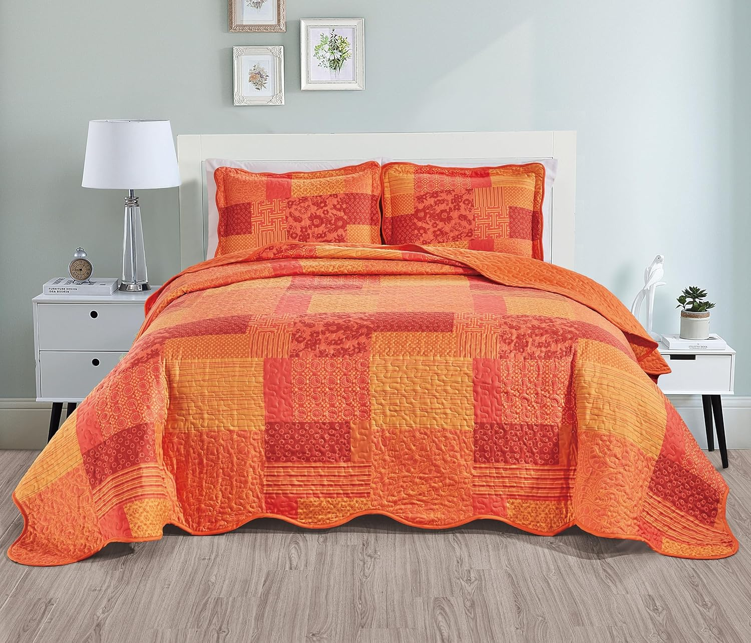 Grand Linen 3-Piece California Cal King Size Wave Edged Oversized Quilt Set 118" X 95" All-Season Large Bedspread Pillow Shams Lightweight Soft Coverlet Pink Blue Green Orange Colors Floral Pattern image number 2