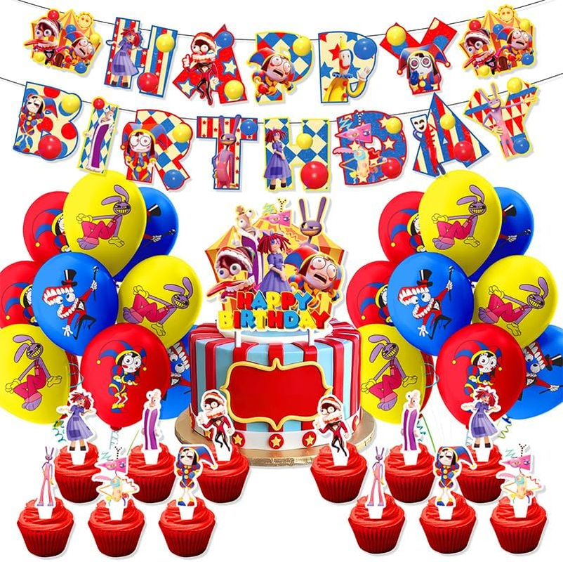 32 PCS the Amazing Digital Circus Birthday Decorations, Party Favor Decoration Supplies, Including Happy Birthday Banner, Cake Topper, Cupcake Topper, Balloons- Room Decoration image number 2