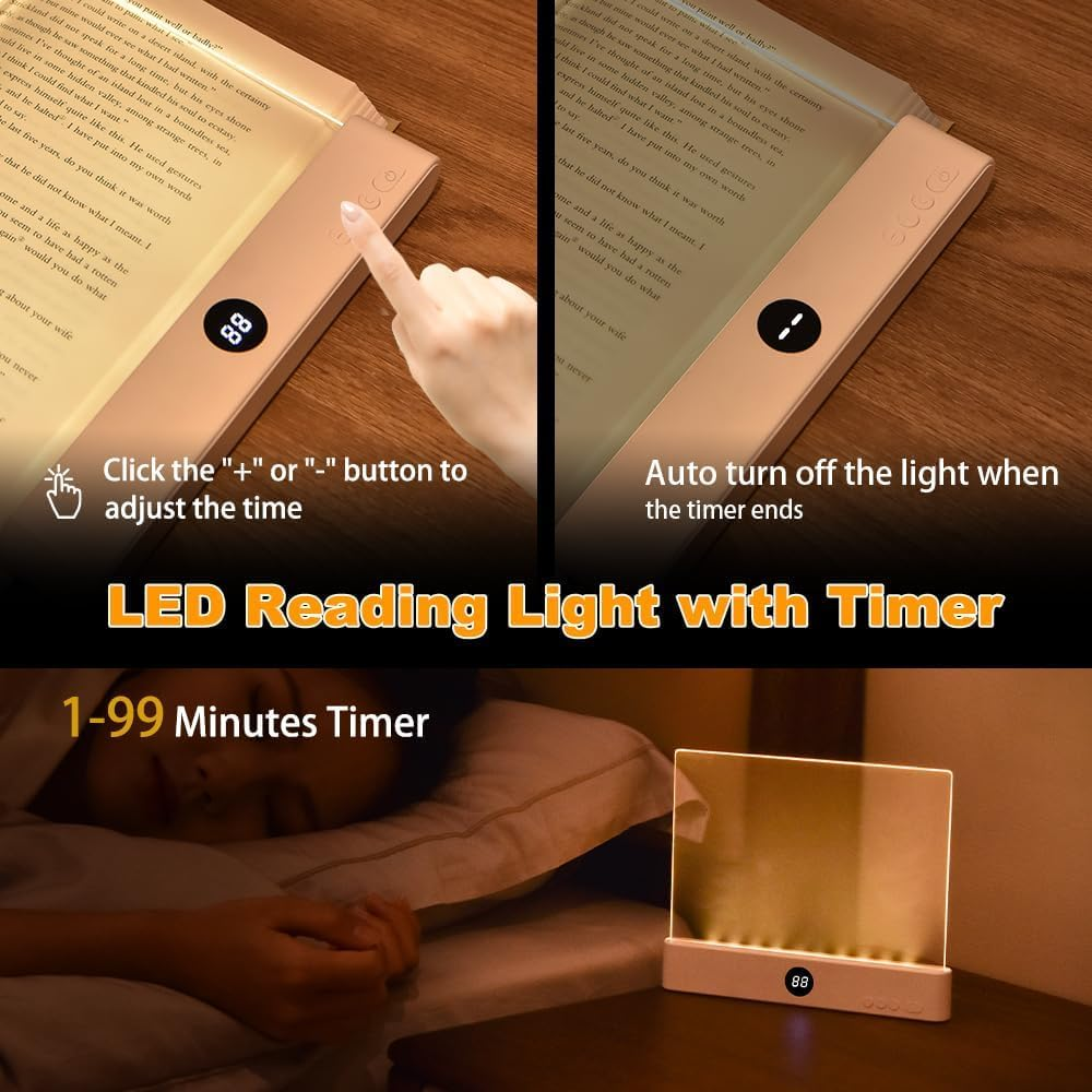 Book Light, Rechargeable Clear LED Flat Reading Light with 3 Colors & Timer, Dimmable Panel Plate Lamp Book Full Page for Reading in Bed at Night, Funny Gifts for Readers Kids Women Men (Pink) image number 1
