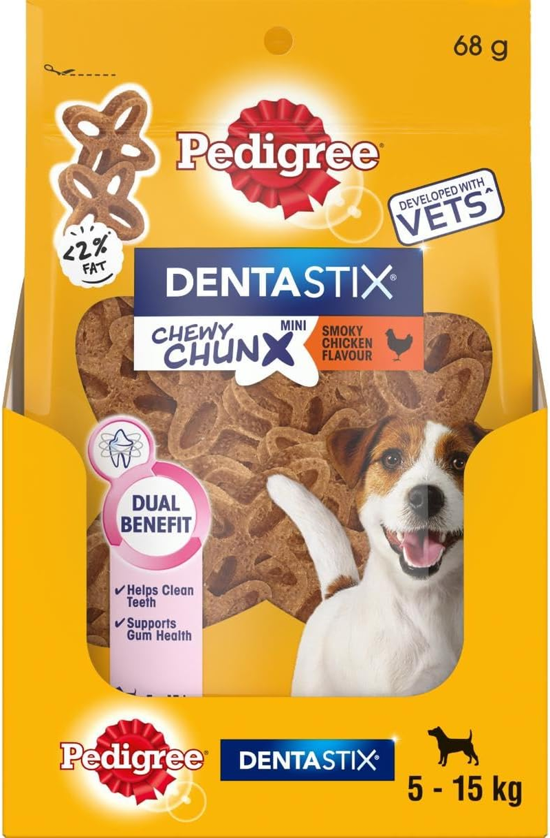 Pedigree Dentastix Chewy Chunx Dog Treats Mini Smoky Chicken Flavour Pouch 68G, 5 Pack image number 1