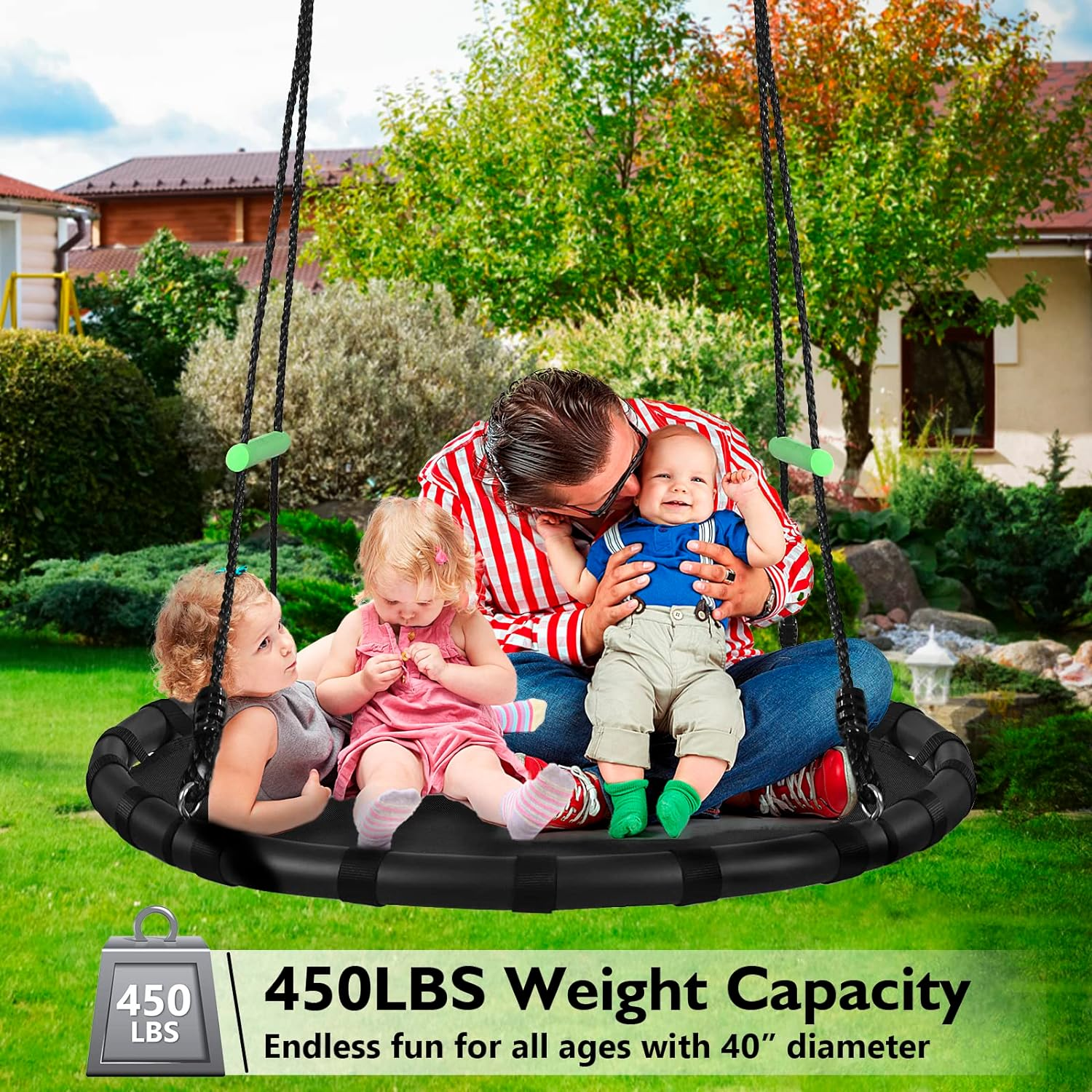 Black Hanging Tree Swing with Detachable Frame,Pp Mat,Adjustable Multi-Strand Ropes,Safe and Durable Saucer Swing for Yard Garden Playground Park (40 Inch Diameter, Black with Extra Strap) image number 2