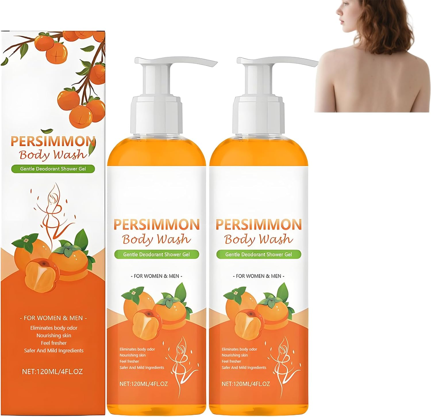 Persimmon Body Wash for Body Odor Controlling, Natural Persimmon Deodorant Shower Gel for Women & Men, Deeply Cleansing & Moisturizing, Nourishing & Brightening Skin, Fresher Scent (2Pcs)