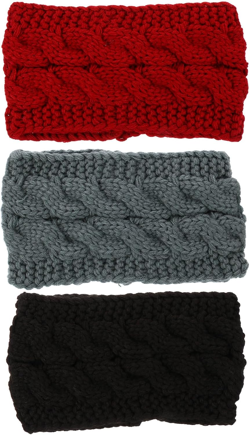 MOBUTOFU 3Pcs Women&rsquo;S Knitted Headbands Set &ndash; Elastic Wide Hairbands Knit Ear Warmers, Winter Head Wraps for Outdoor Sports and Cold Weather in Black, Wine Red, and Dark Grey