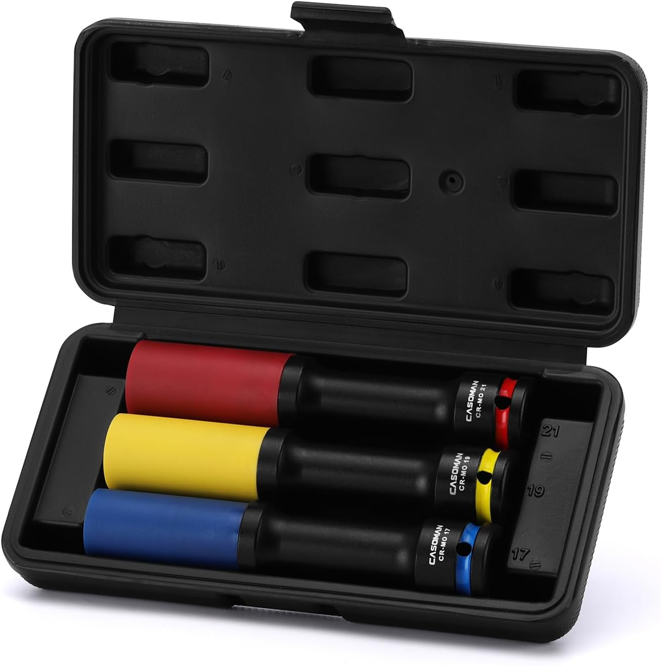 CASOMAN 3PCS 1/2" Drive Non-Marring & Thin Wall Lug Nut Impact Socket Set, for Wheel Lug Nut Remover, Extra Deep 150Mm, 6-Point, Metric, CR-MO, 17Mm 19Mm 21Mm image number 1