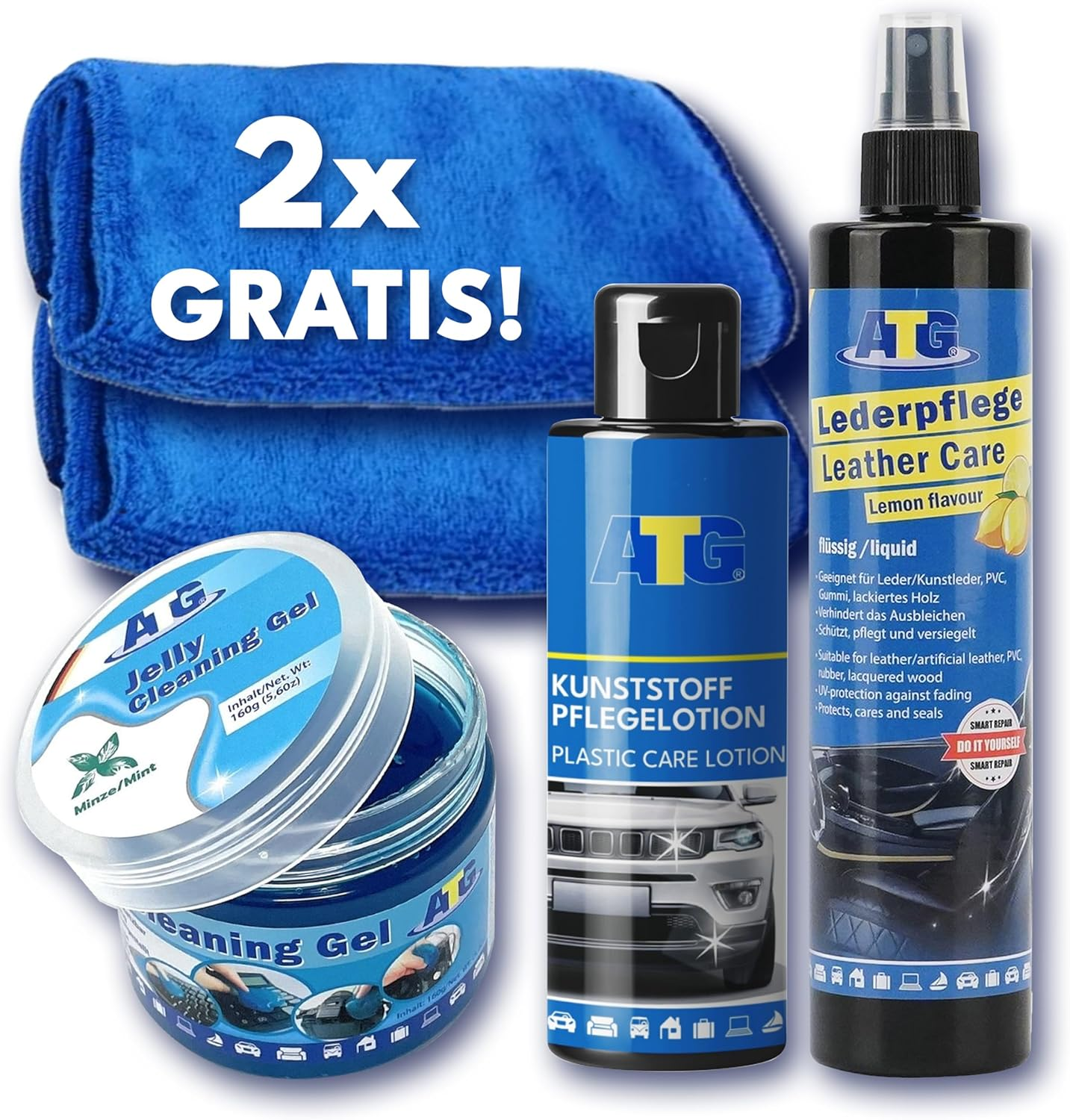 ATG Car Care Interior Set with Leather Care Spray Citrus Fragrance, Plastic Polish, Jelly Cleaning Gel & 2 Microfibre Cloths - Complete Set for Vehicle Care Interior image number 2