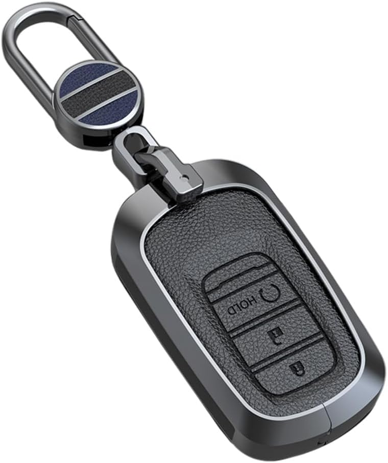 Ontto 3 Buttons Leather Key Fob Cover Fit for Honda Accord Civic HR-V CR-V Pilot Sport SI EX EX-L Touring 2022 2023 Keychain Accessories Zinc Alloy Smart Key Case Shell Holder Bag Keyring Black B