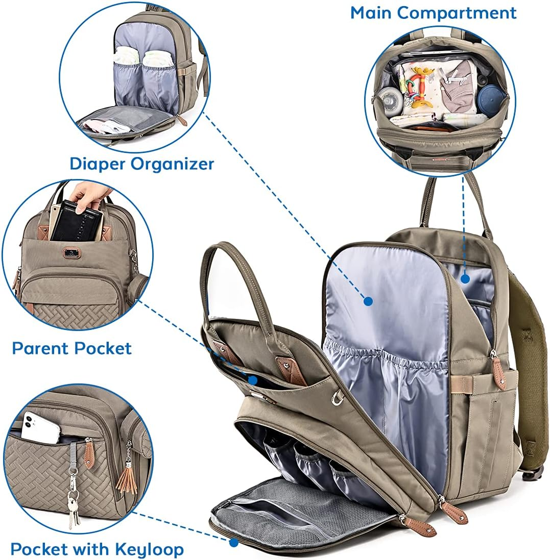 Dikaslon Changing Bag Backpack, Large Nappy Back Pack Multifunction Baby Bags with Portable Changing Mat, Pacifier Holder, and Stroller Straps, for Mom and Dad, Khaki image number 5