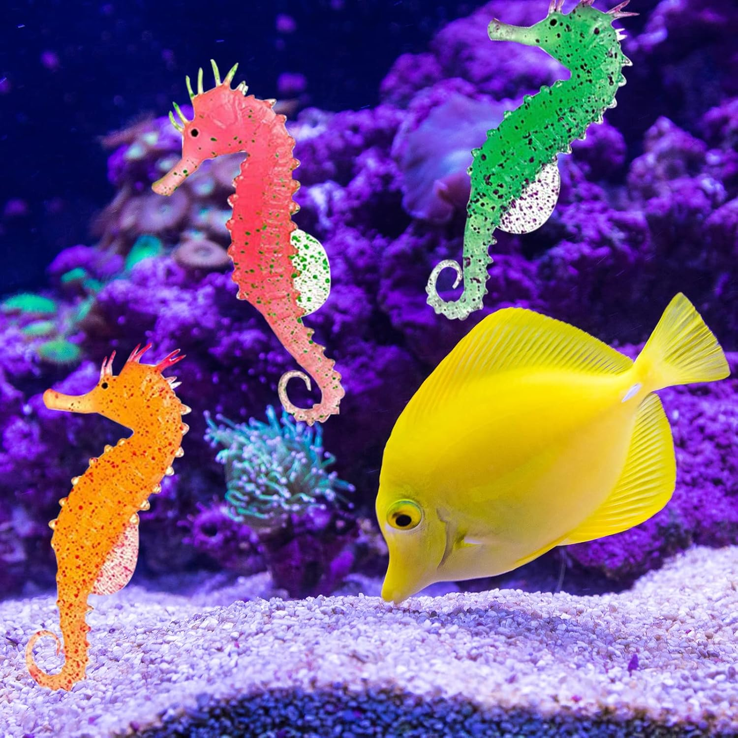 3PCS Artificial Sea Horse Aquarium Decoration Set, Vivid Silicone Floating Decor Ornaments with Glowing Effect,Simulation Animal Underwater Saltwater Fake Colorful Sea Horse for Fish Tank Bowl image number 6