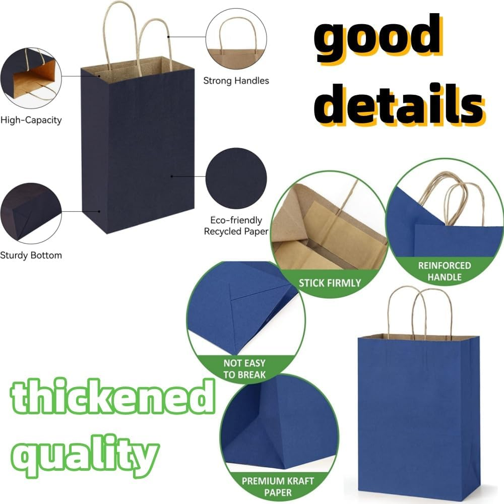 HIDOSNG 60 Pcs Paper Bags with Handles,15 * 8 * 21Cm Kraft Paper Bag for Wedding Party Favor,Shopping Lunch, Halloween Trick-Or-Treat(Dark Blue)